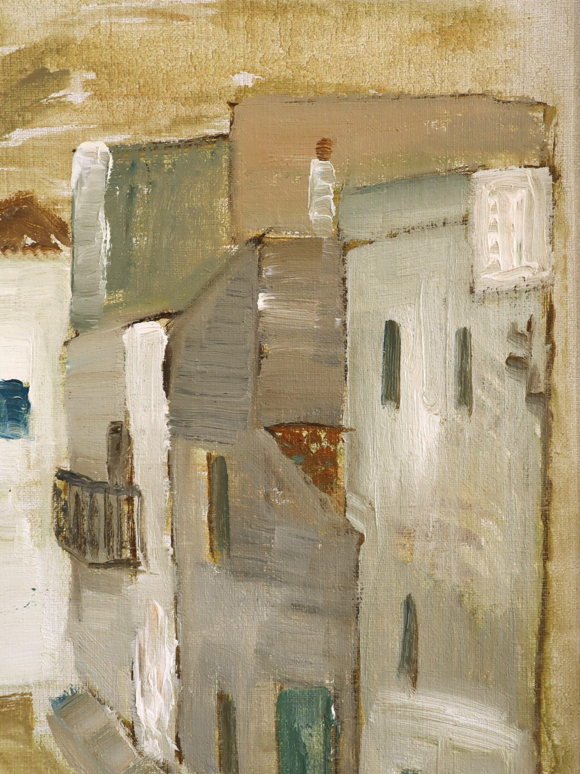 Peinture à l'huile suédoise du milieu du siècle dernier représentant une scène de rue expressive - Still Street en vente 5