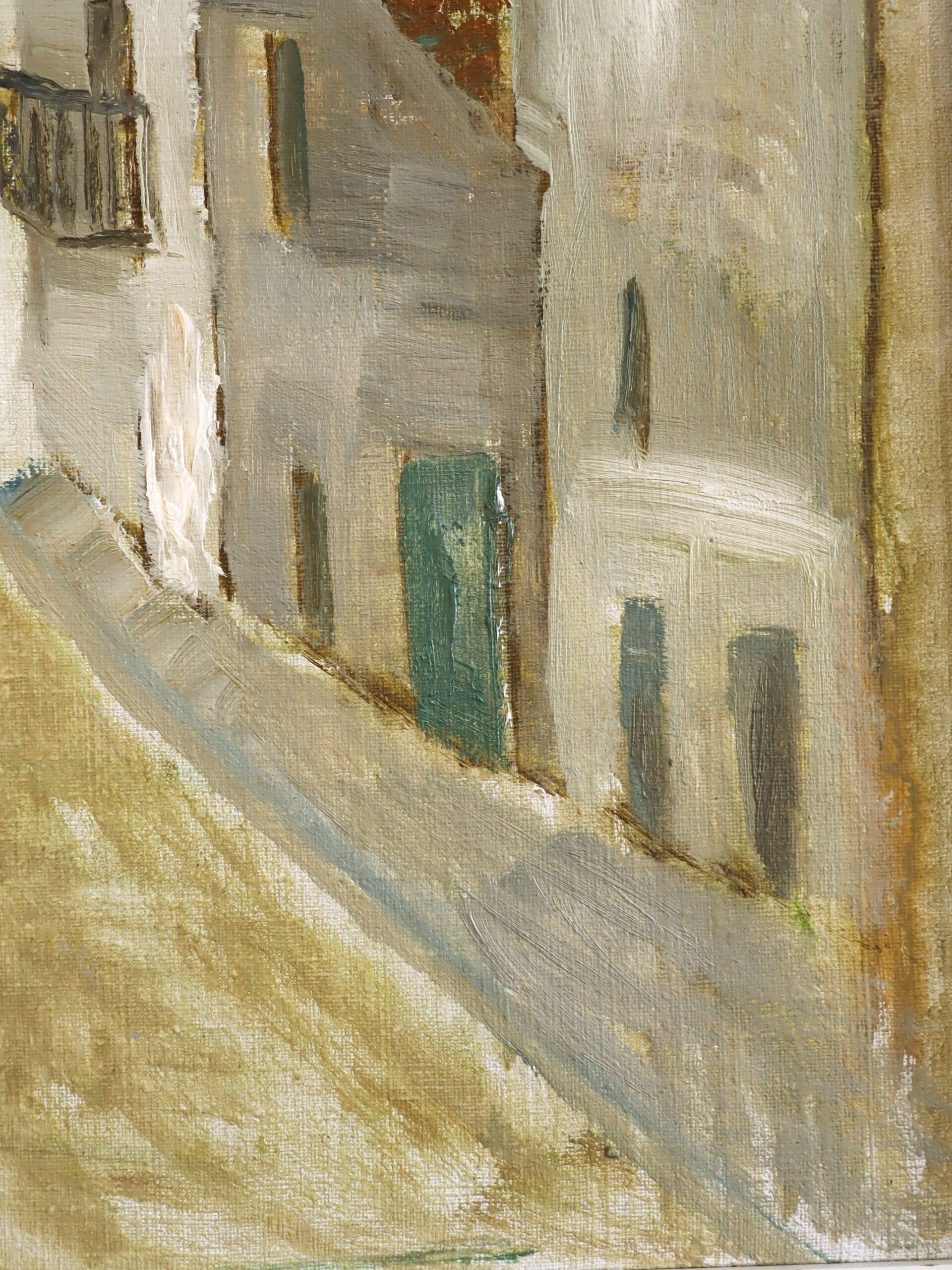 Peinture à l'huile suédoise du milieu du siècle dernier représentant une scène de rue expressive - Still Street en vente 6