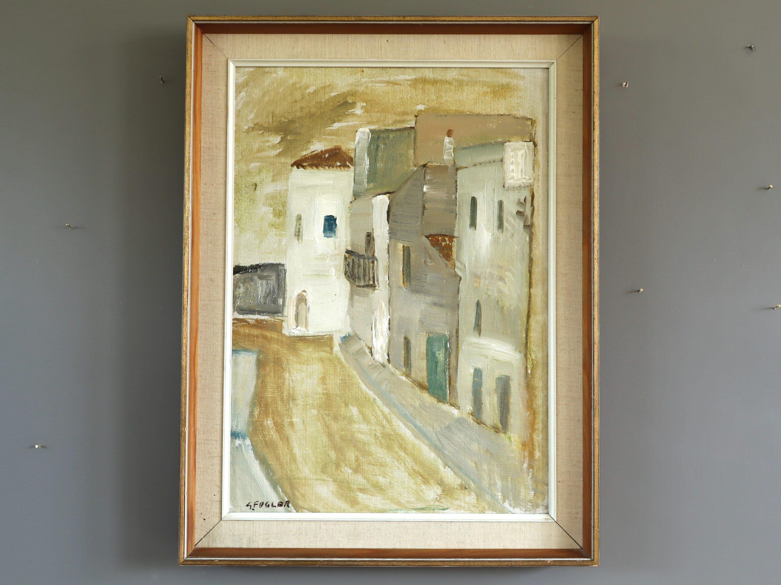Peinture à l'huile suédoise du milieu du siècle dernier représentant une scène de rue expressive - Still Street - Painting de Unknown