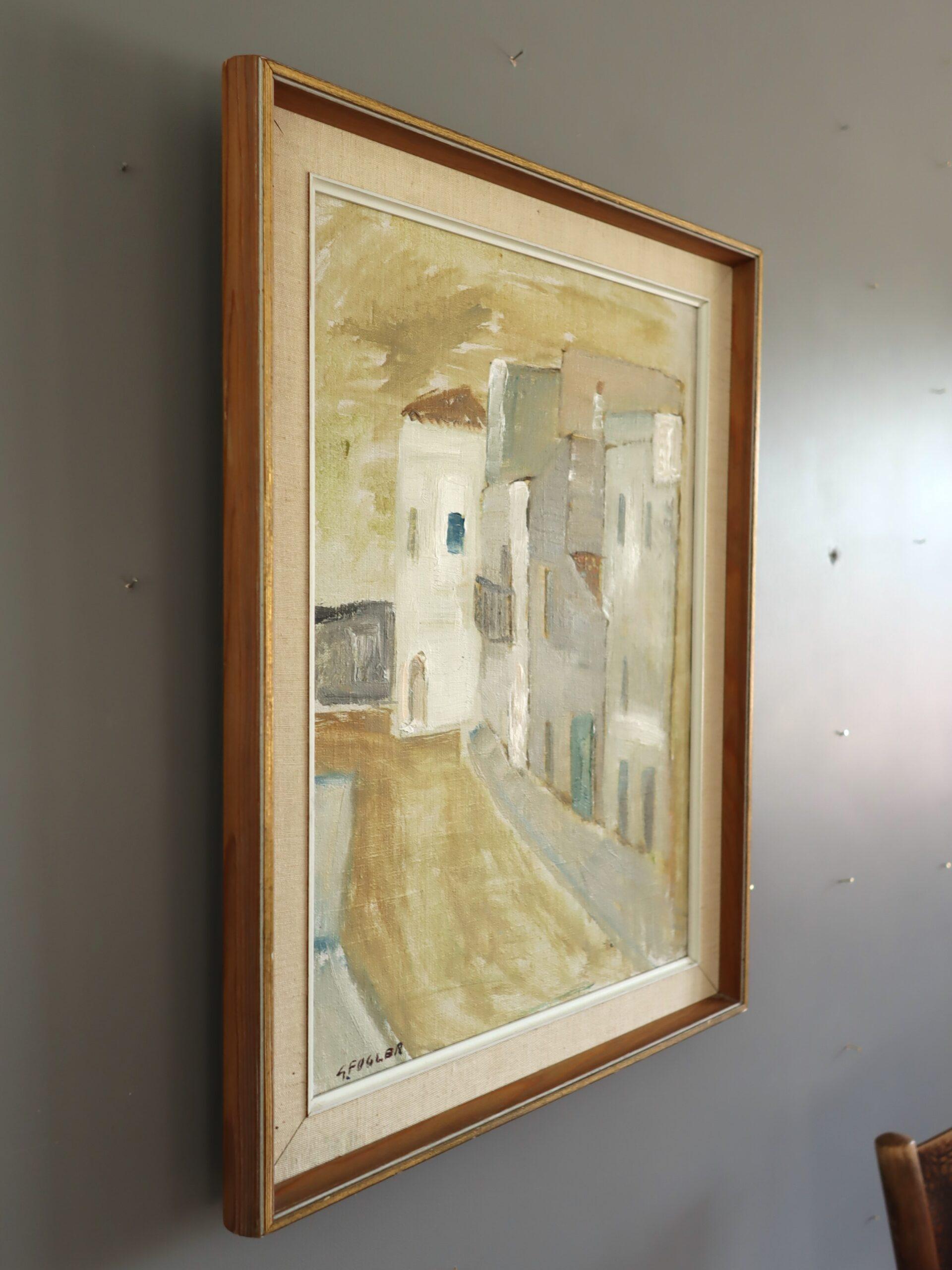 Peinture à l'huile suédoise du milieu du siècle dernier représentant une scène de rue expressive - Still Street - Beige Landscape Painting par Unknown