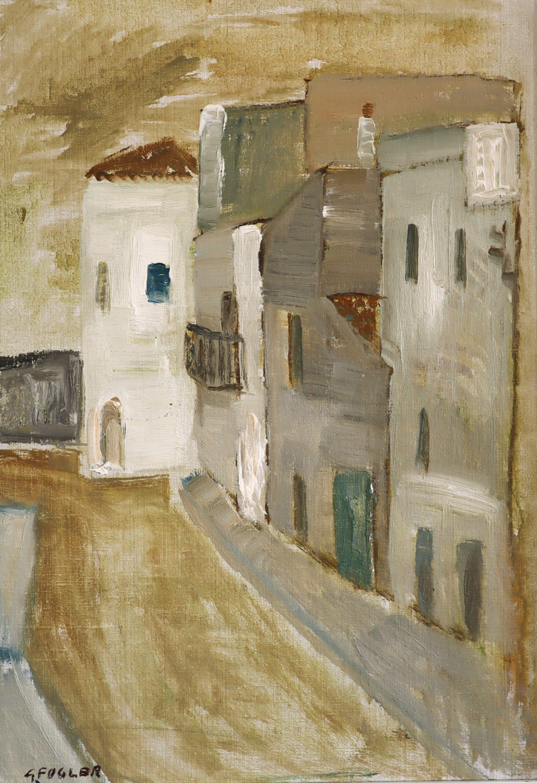 Peinture à l'huile suédoise du milieu du siècle dernier représentant une scène de rue expressive - Still Street en vente 3