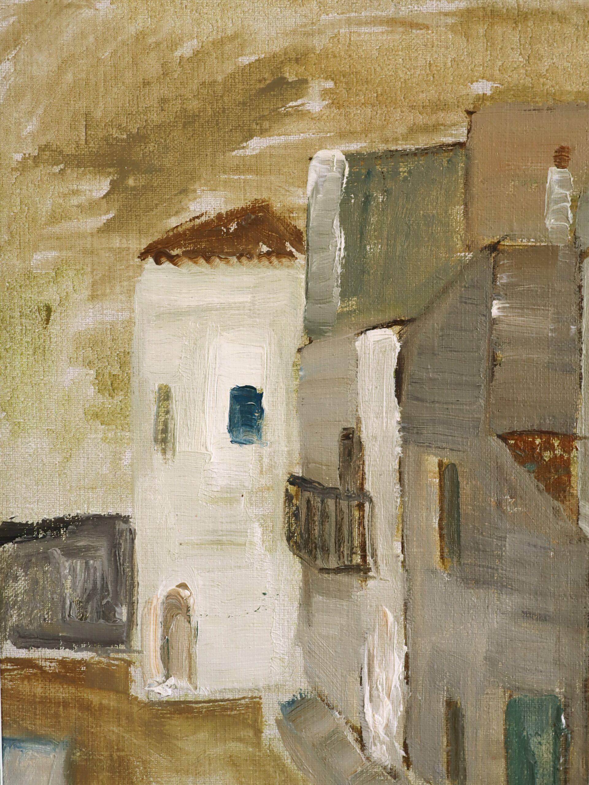 Peinture à l'huile suédoise du milieu du siècle dernier représentant une scène de rue expressive - Still Street en vente 4