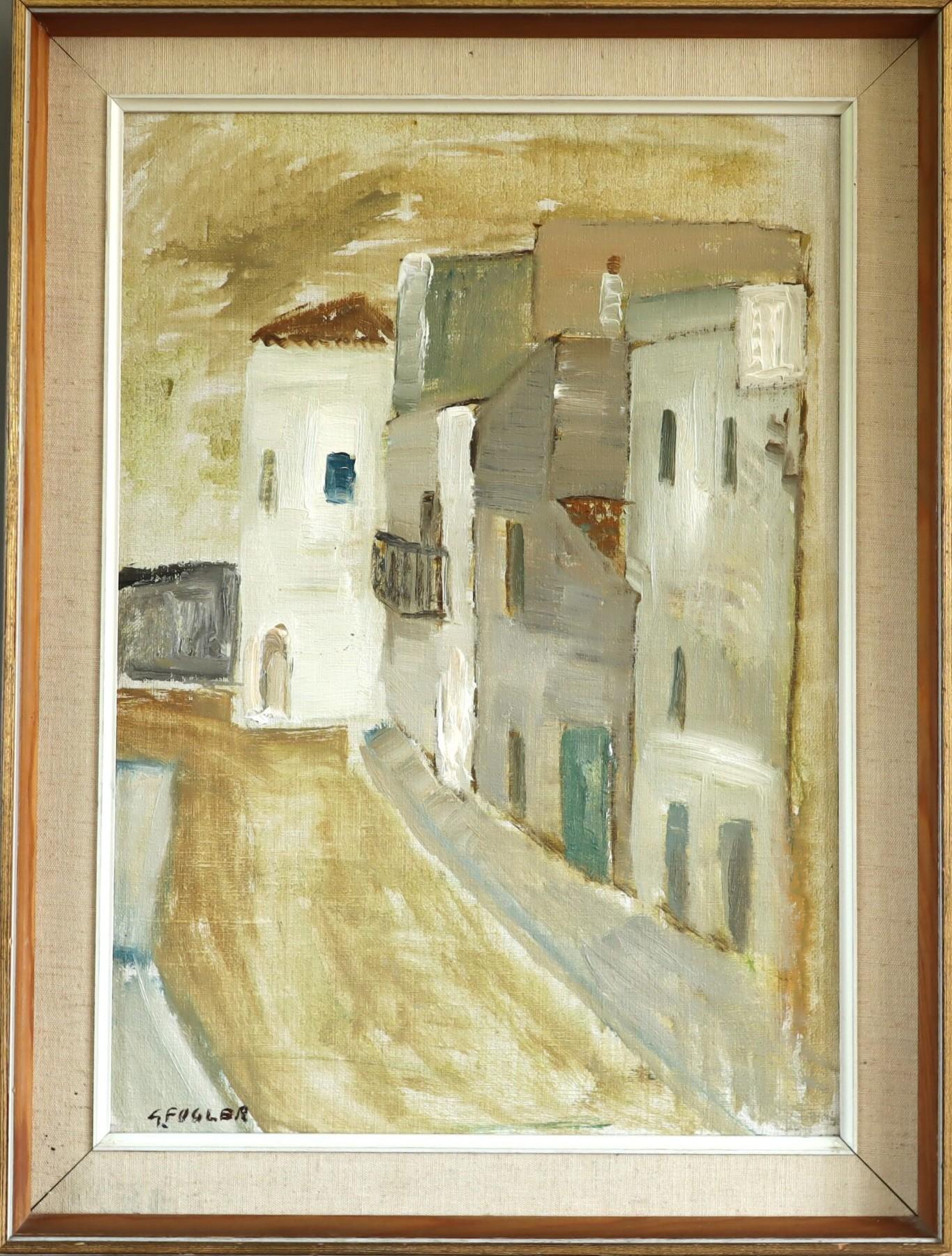 Landscape Painting Unknown - Peinture à l'huile suédoise du milieu du siècle dernier représentant une scène de rue expressive - Still Street