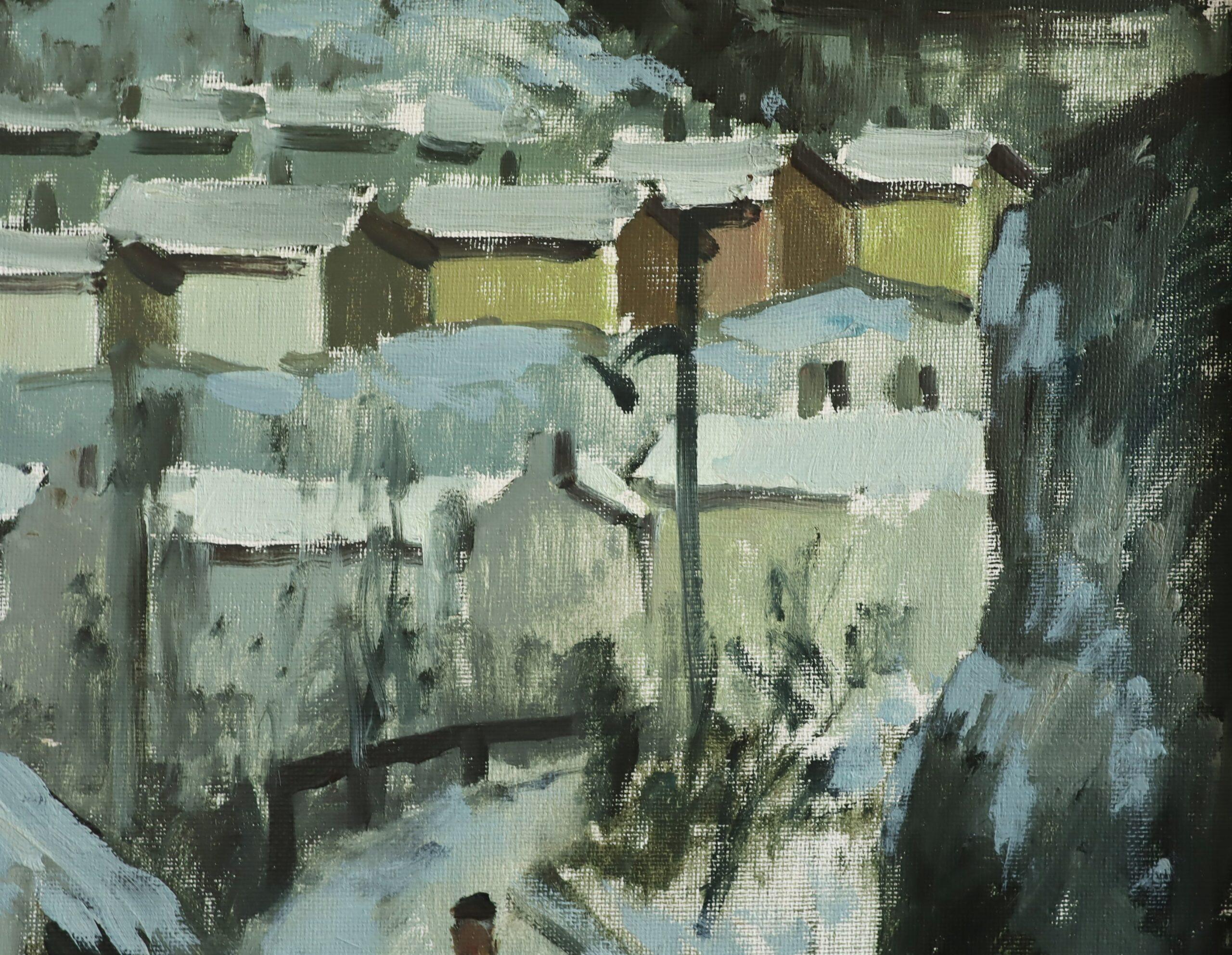 Pittura ad olio con scena di strada espressiva svedese della metà del secolo scorso - La lunga passeggiata in vendita 5