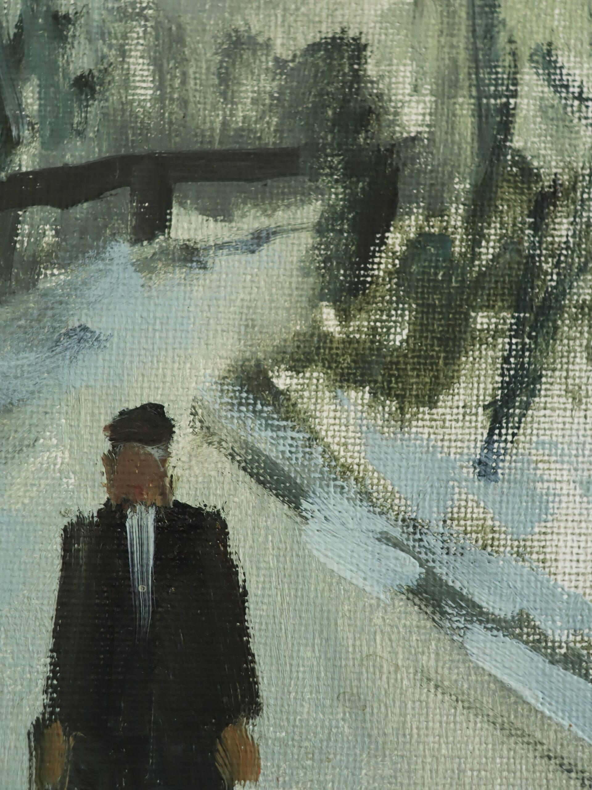 Pittura ad olio con scena di strada espressiva svedese della metà del secolo scorso - La lunga passeggiata in vendita 6