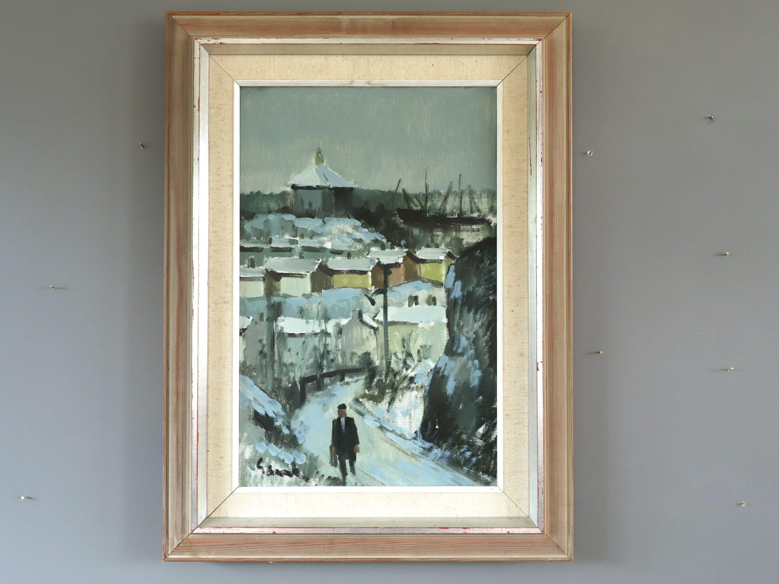 Pittura ad olio con scena di strada espressiva svedese della metà del secolo scorso - La lunga passeggiata - Painting di Unknown