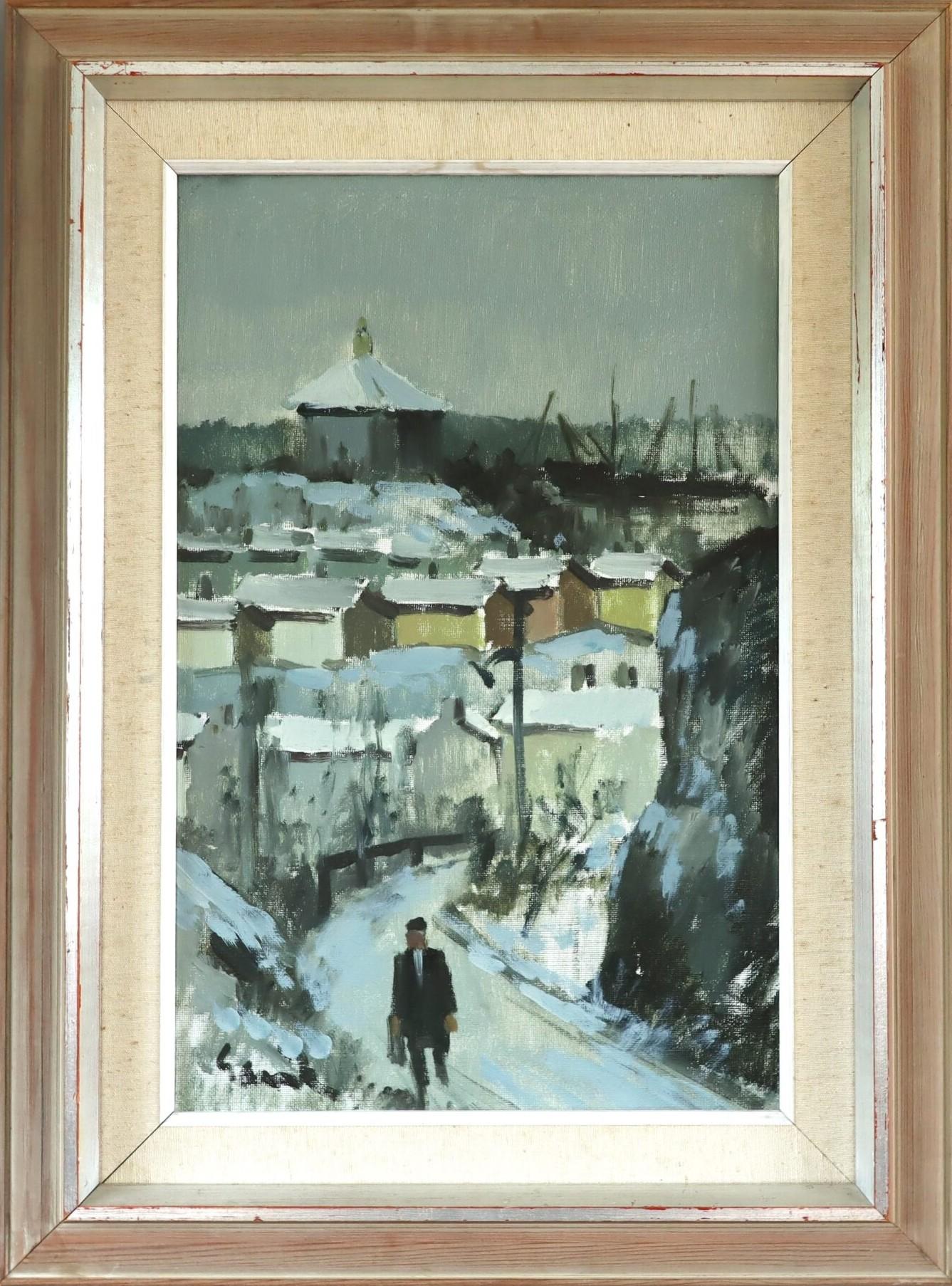 Landscape Painting di Unknown - Pittura ad olio con scena di strada espressiva svedese della metà del secolo scorso - La lunga passeggiata