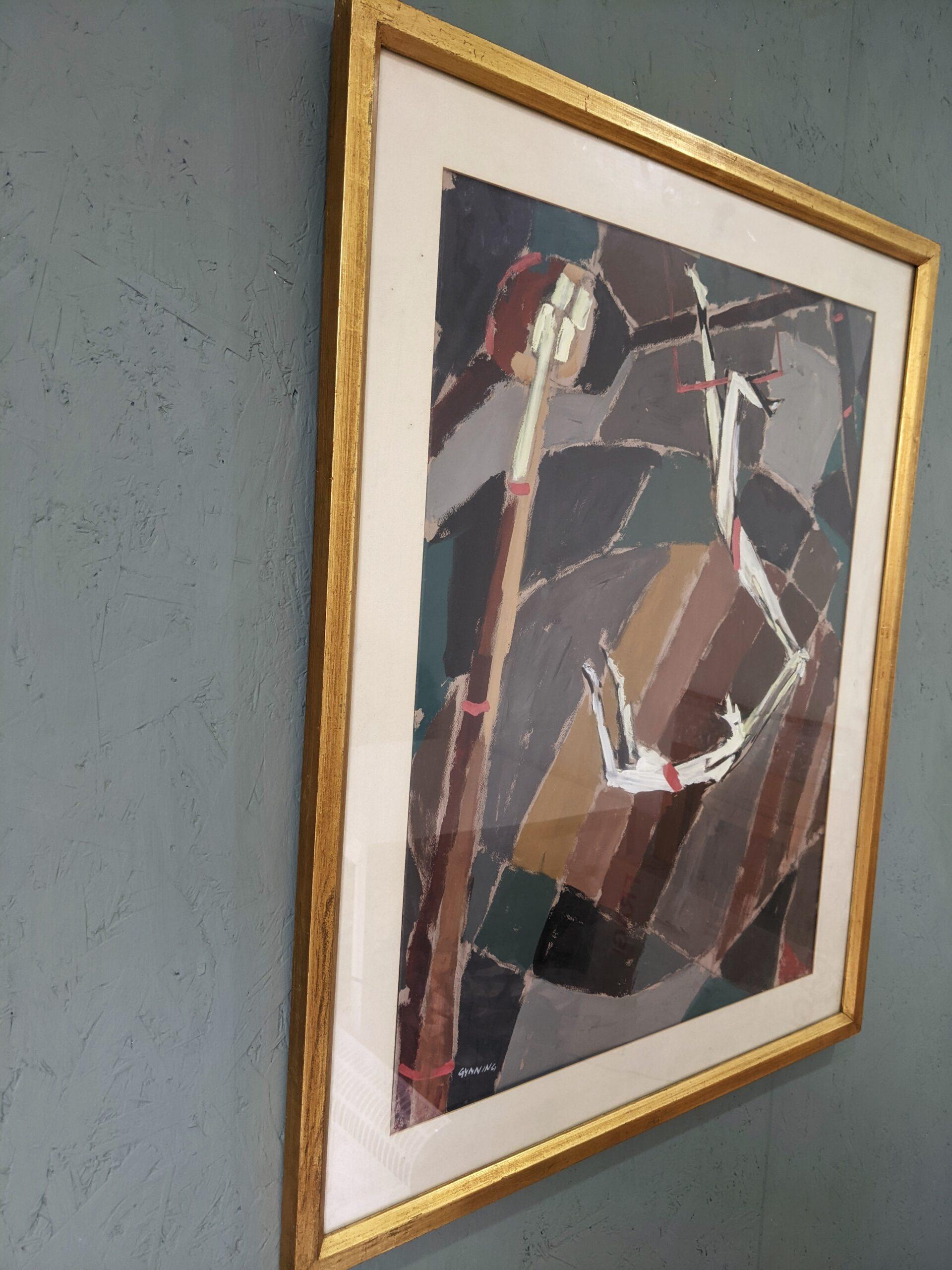 SWINGING ACROBATS
Size: 78 x 64 cm (including frame)
Watercolour on paper

A very striking mid century composition of two acrobats swinging in action, executed in watercolour onto paper.

Drawing on a distinctly modernist ethos, the artist has