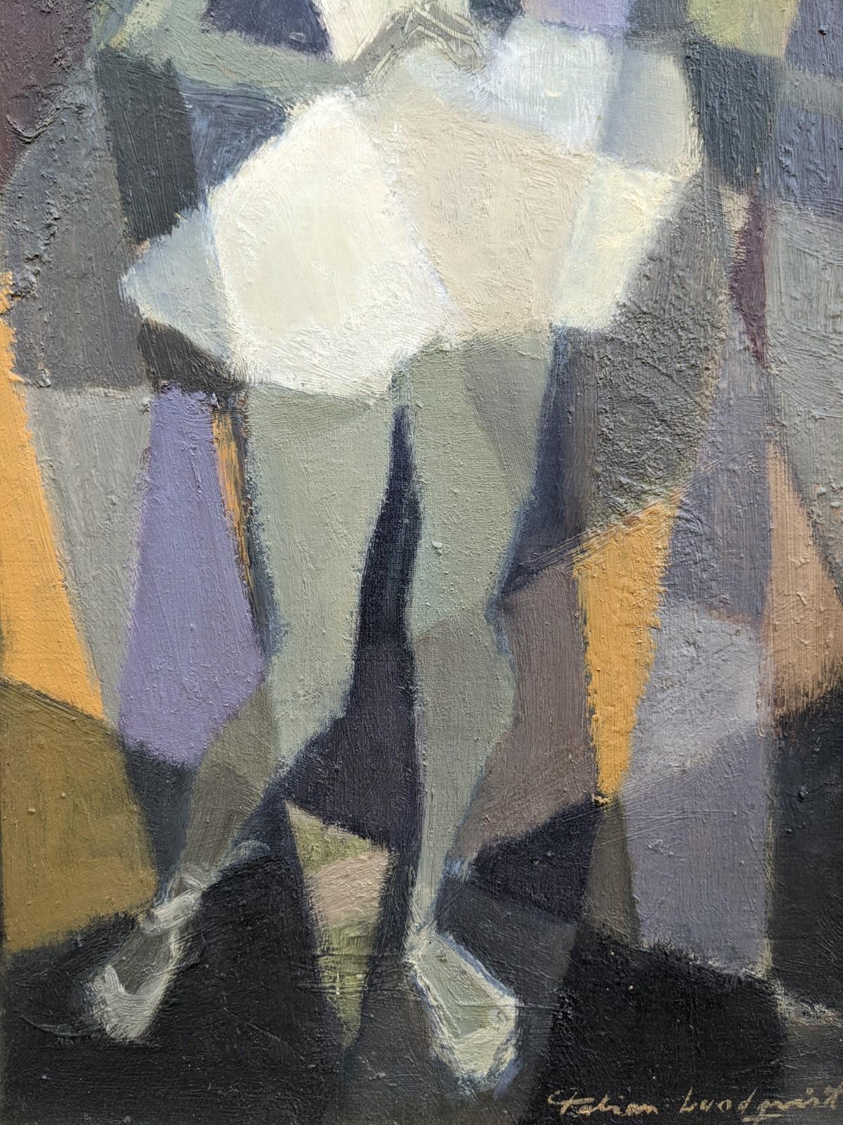 CUBIST DANCER
Size: 54 x 35 cm (including frame)
Oil on canvas

A very charming mid century figurative composition, painted in oil onto canvas.

Characterised by a cubist ethos, a ballet dancer stands starkly against an abstracted and fragmented