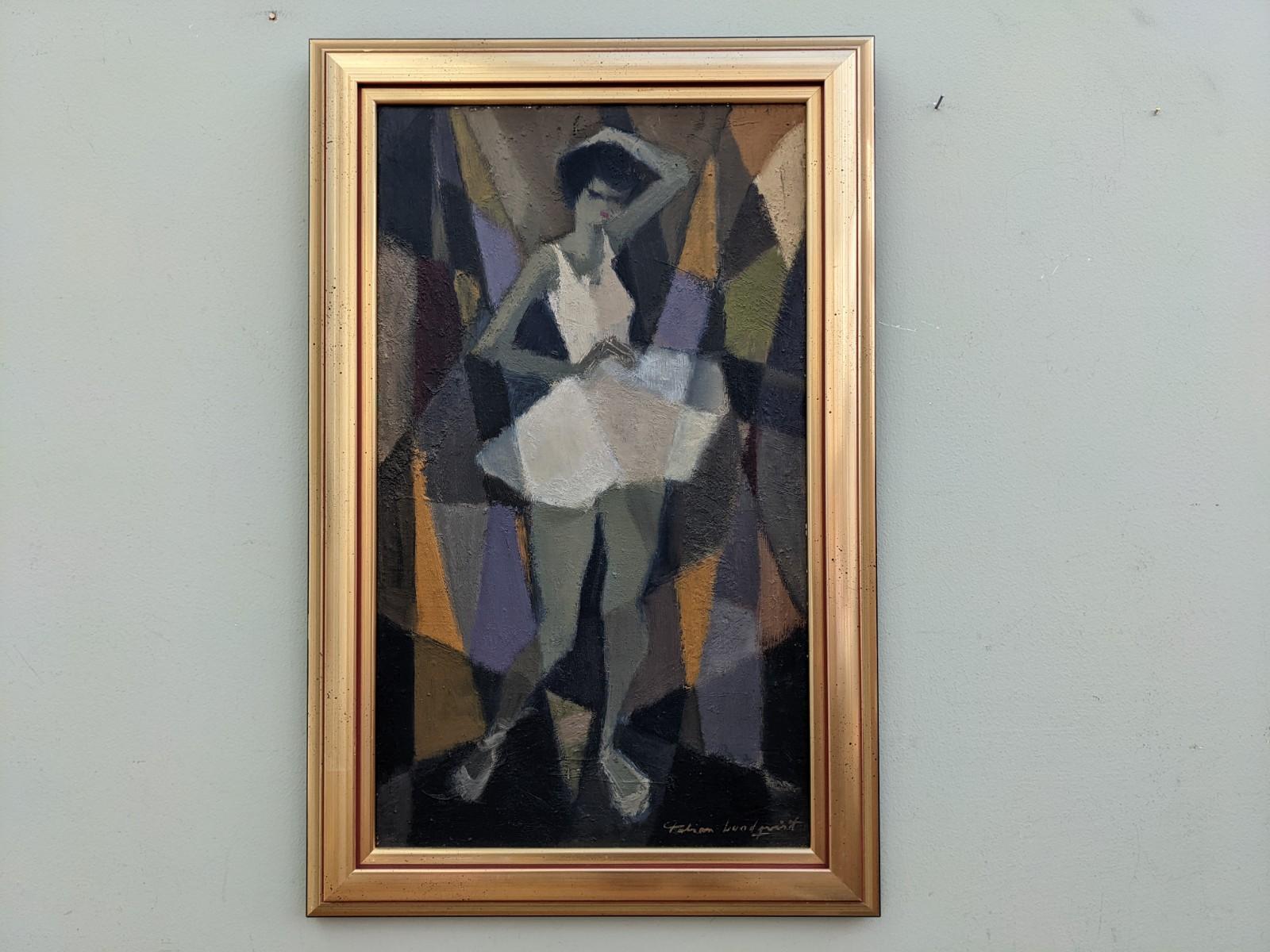 Unknown Figurative Painting - Mid-Century Modern Swedish Figurative Framed Oil Painting, "Cubist Dancer"