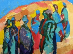 Vintage Mid-Century Modern Swedish Figurative Framed Oil Painting, "The Parade"