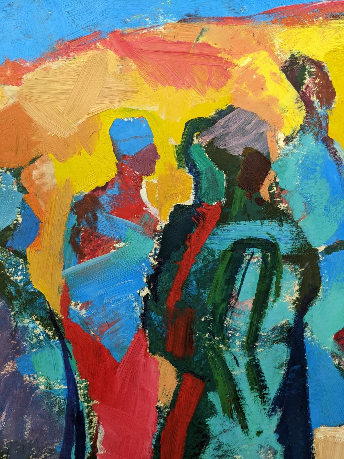 LE PARADE
Taille : 50 x 63 cm (cadre compris)
Huile sur toile posée sur carton

Une scène de figure moderniste du milieu du siècle brillamment exécutée, peinte à l'huile sur carton par l'artiste féminine suédoise établie Brita Hansson