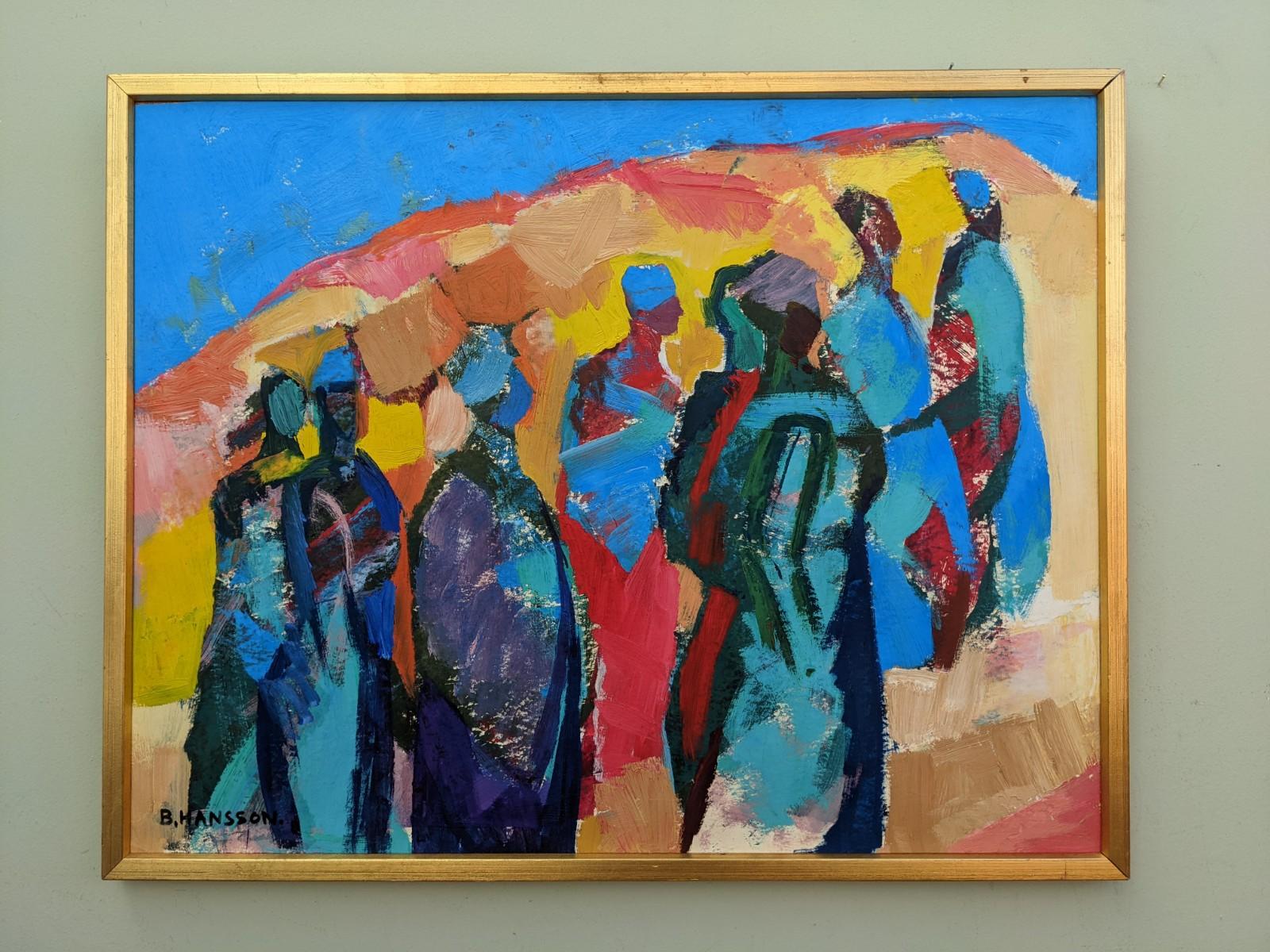 Unknown Abstract Painting - Vintage Mid-Century Modern Swedish Figurative Framed Oil Painting, "The Parade"