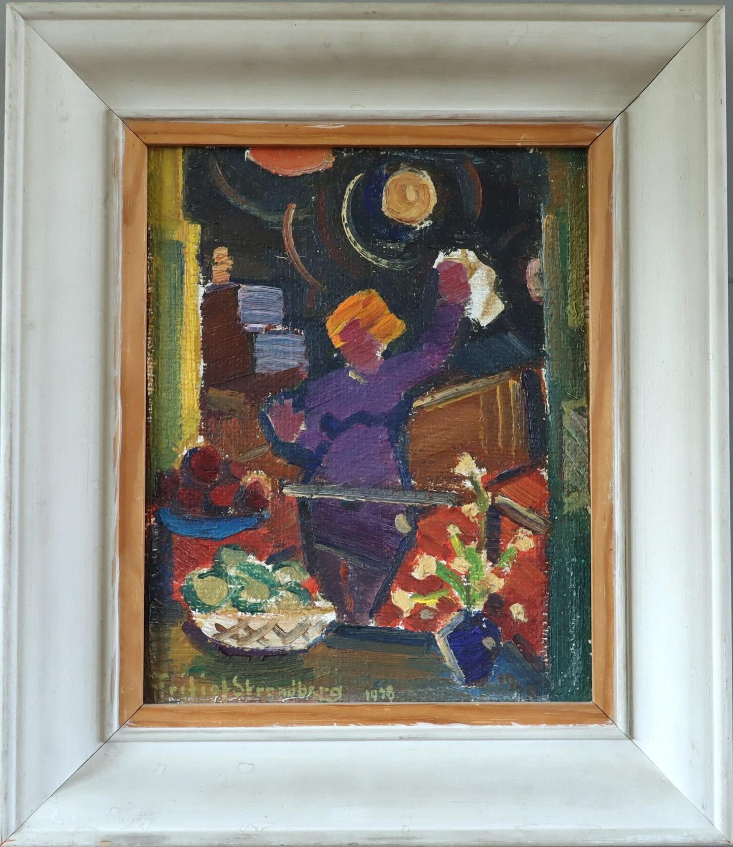 Unknown Figurative Painting – Schwedisches figuratives Interieur-Ölgemälde aus der Mitte des Jahrhunderts - She Who Reaches