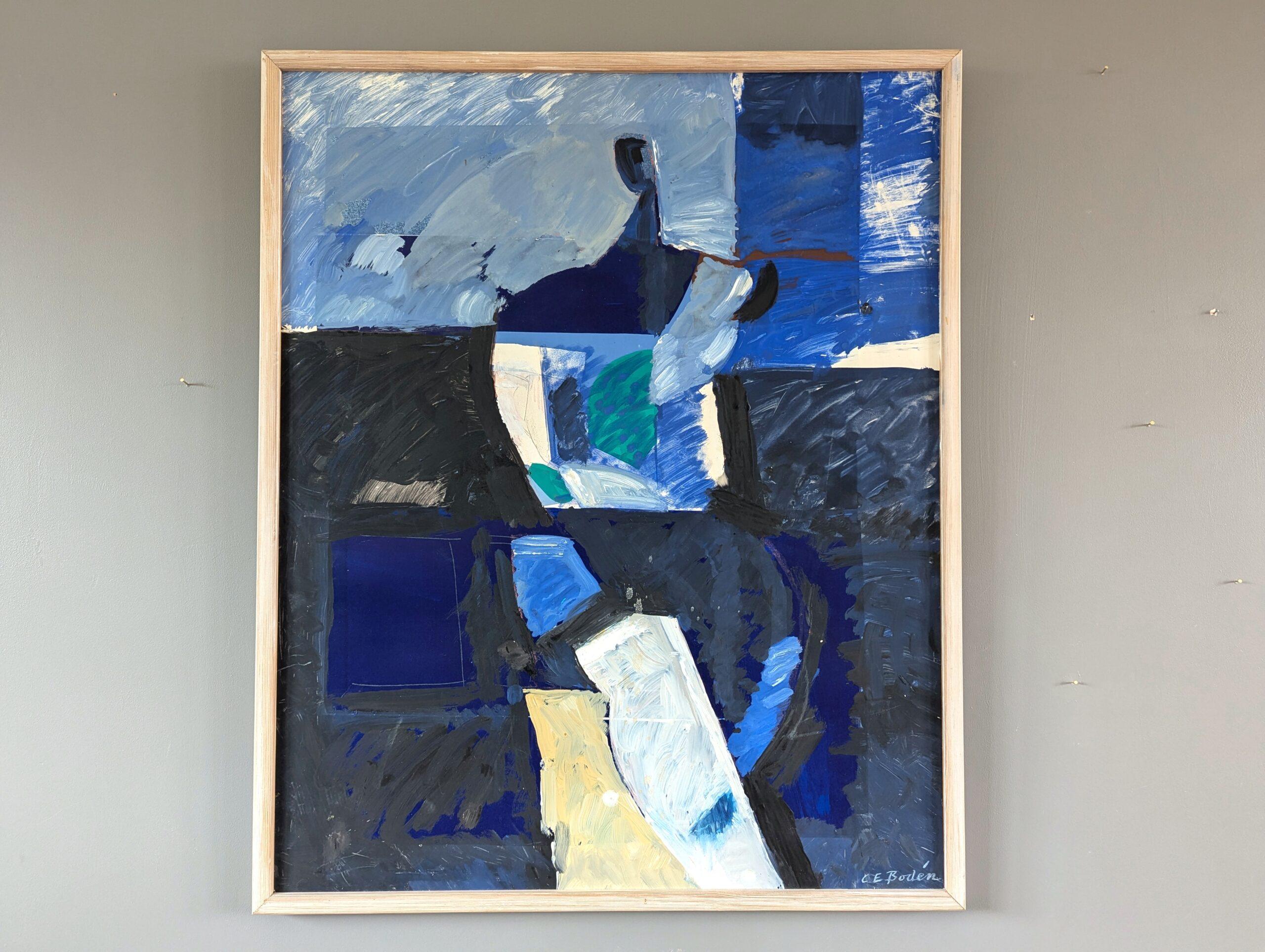 Pittura ad olio figurativa svedese della metà del secolo scorso - Figura astratta in blu - Painting di Unknown