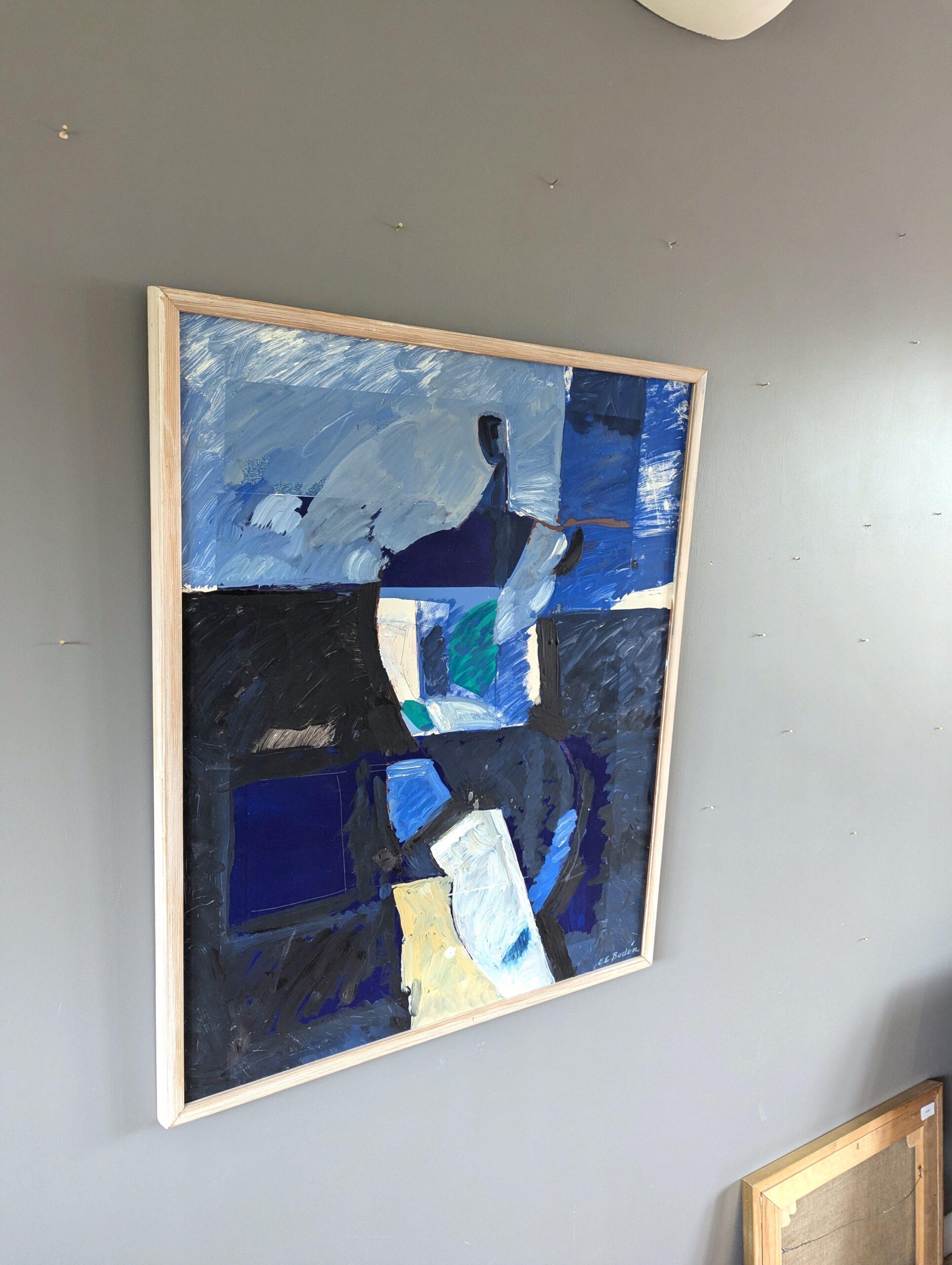 Pittura ad olio figurativa svedese della metà del secolo scorso - Figura astratta in blu - Figurative Painting Blu di Unknown