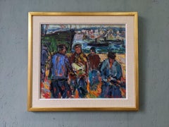 Mid-Century Modern Swedish Figurative Oil Painting - Coastal Dock, Framed