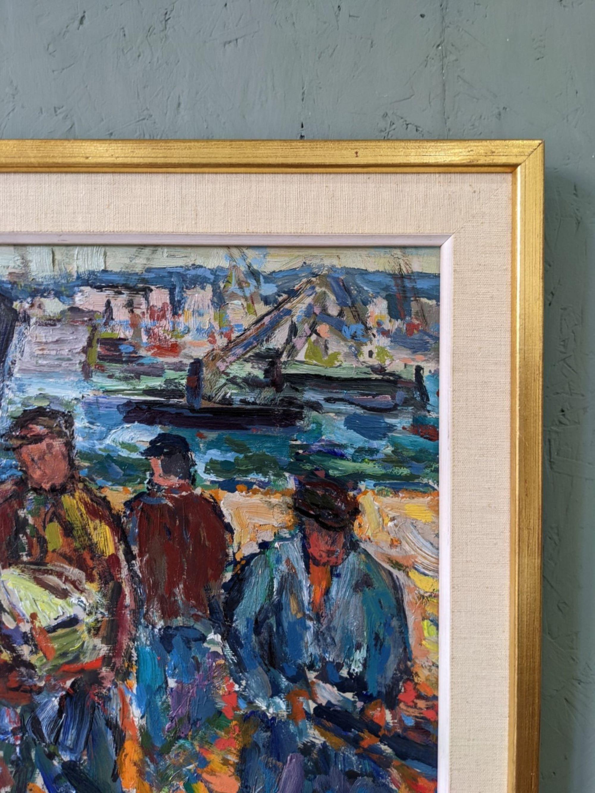 COASTAL DOCK
Size: 45 x 49.5 cm (including frame)
Oil on board

A vibrant and expressive mid-century figurative painting, executed in oil onto board.

The composition depicts a bustling coastal dock, with a stretch of boats resting in the water in