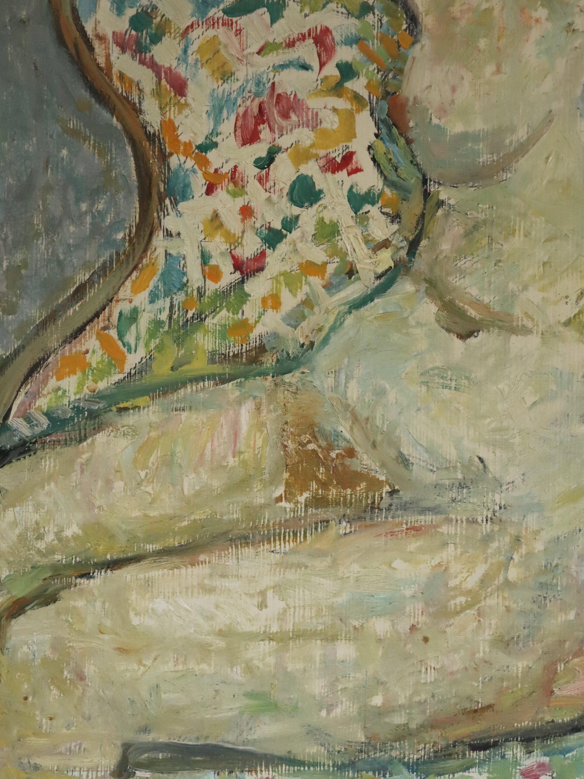 Pittura ad olio figurativa svedese della metà del secolo scorso - Nudo su poltrona a motivi in vendita 5