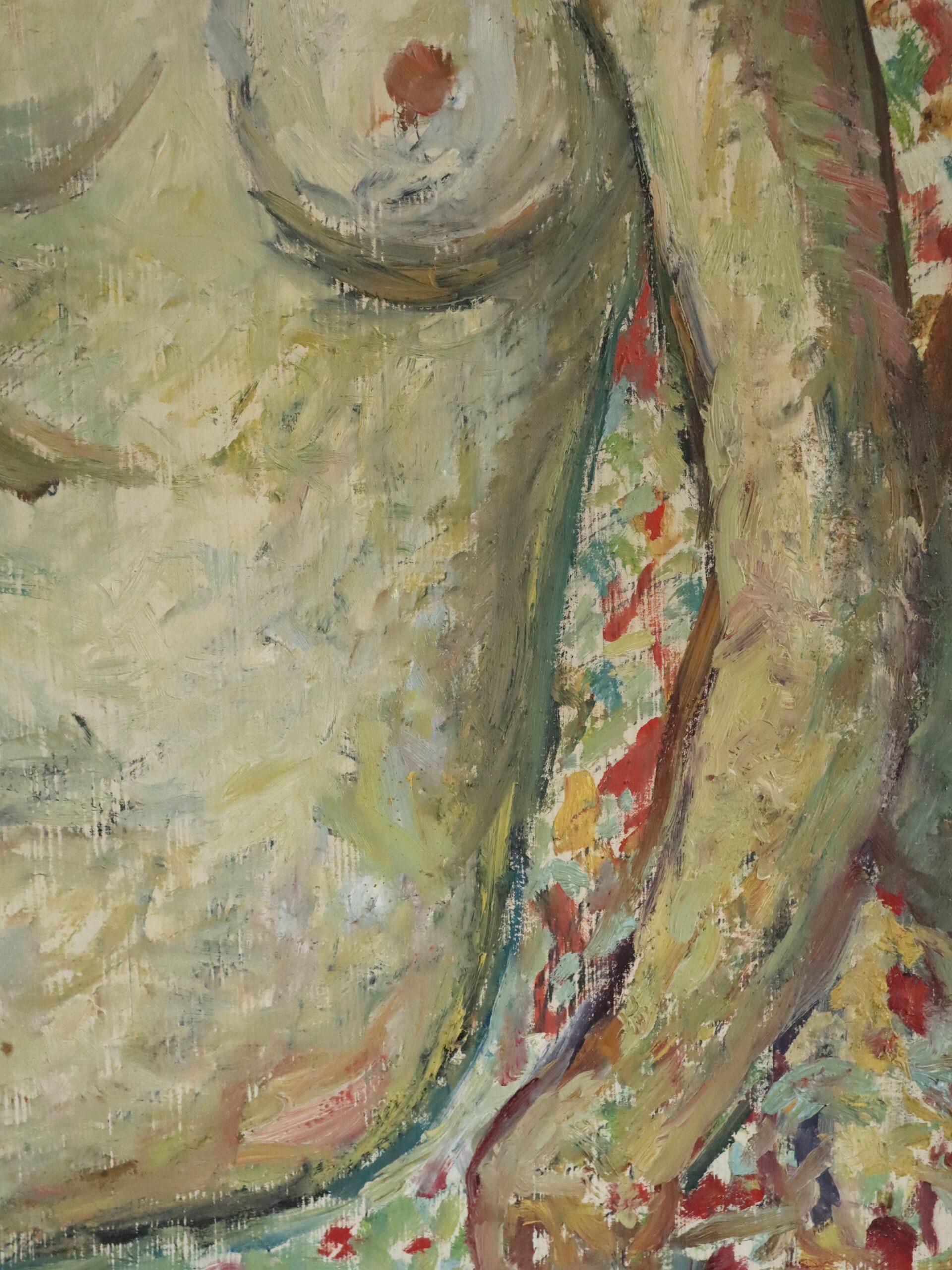 Pittura ad olio figurativa svedese della metà del secolo scorso - Nudo su poltrona a motivi in vendita 6