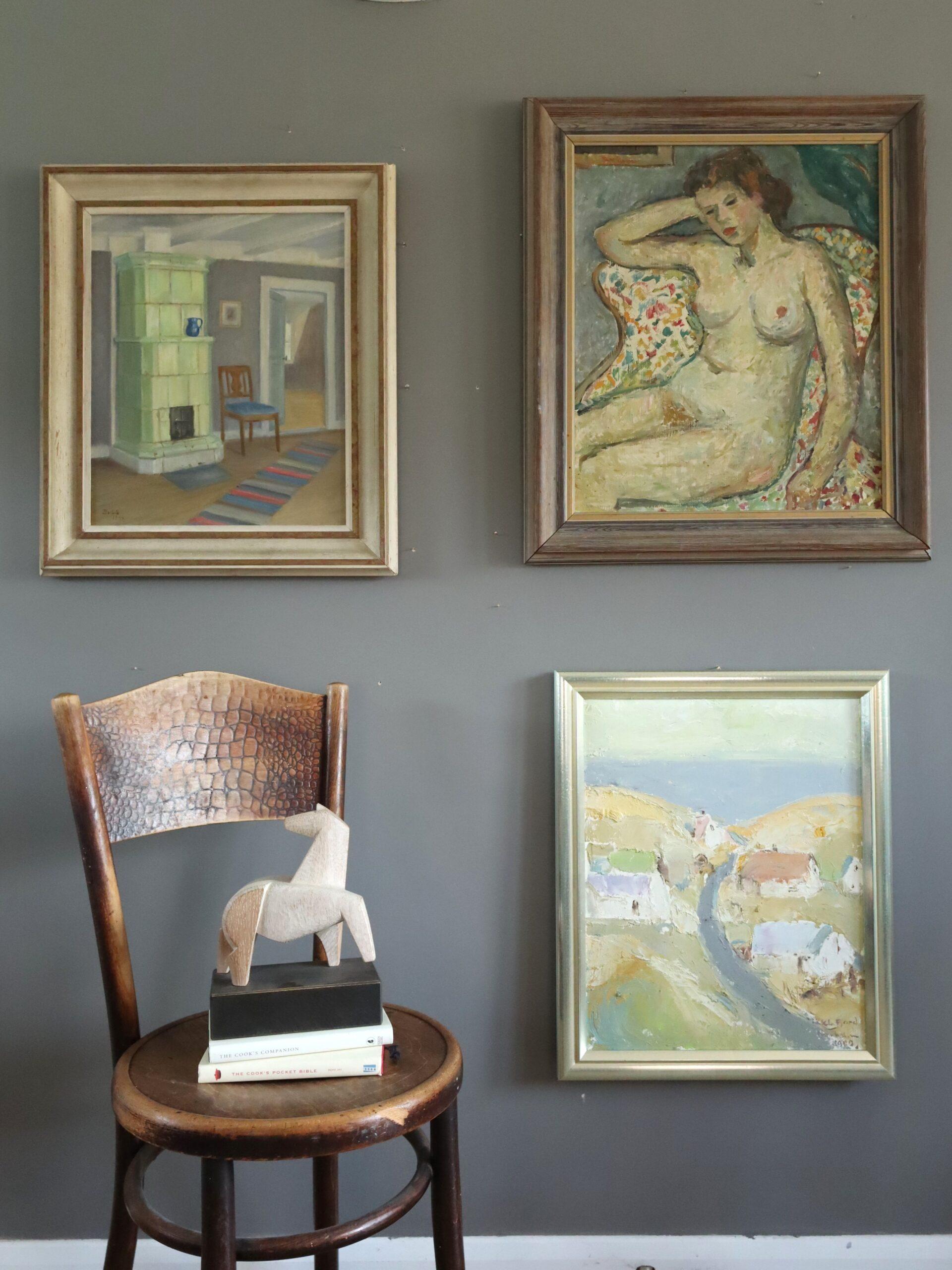 Pittura ad olio figurativa svedese della metà del secolo scorso - Nudo su poltrona a motivi in vendita 8