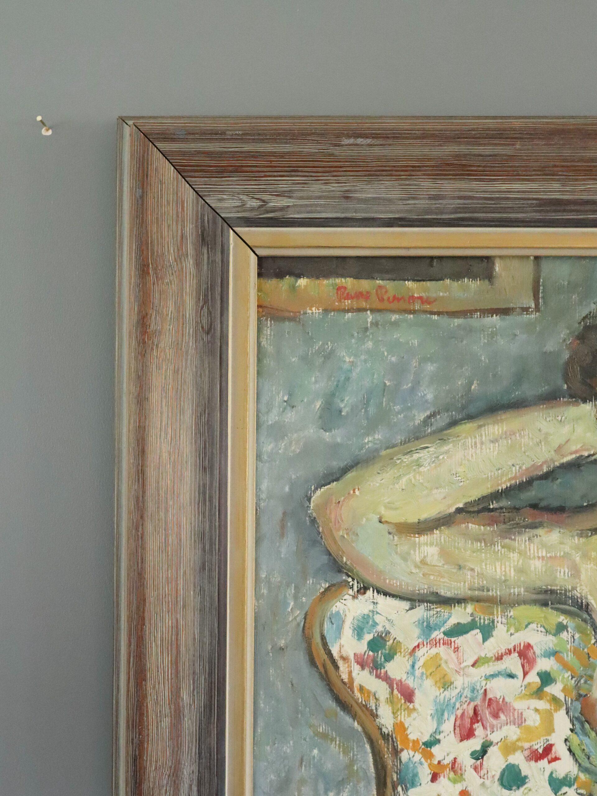 Pittura ad olio figurativa svedese della metà del secolo scorso - Nudo su poltrona a motivi in vendita 1