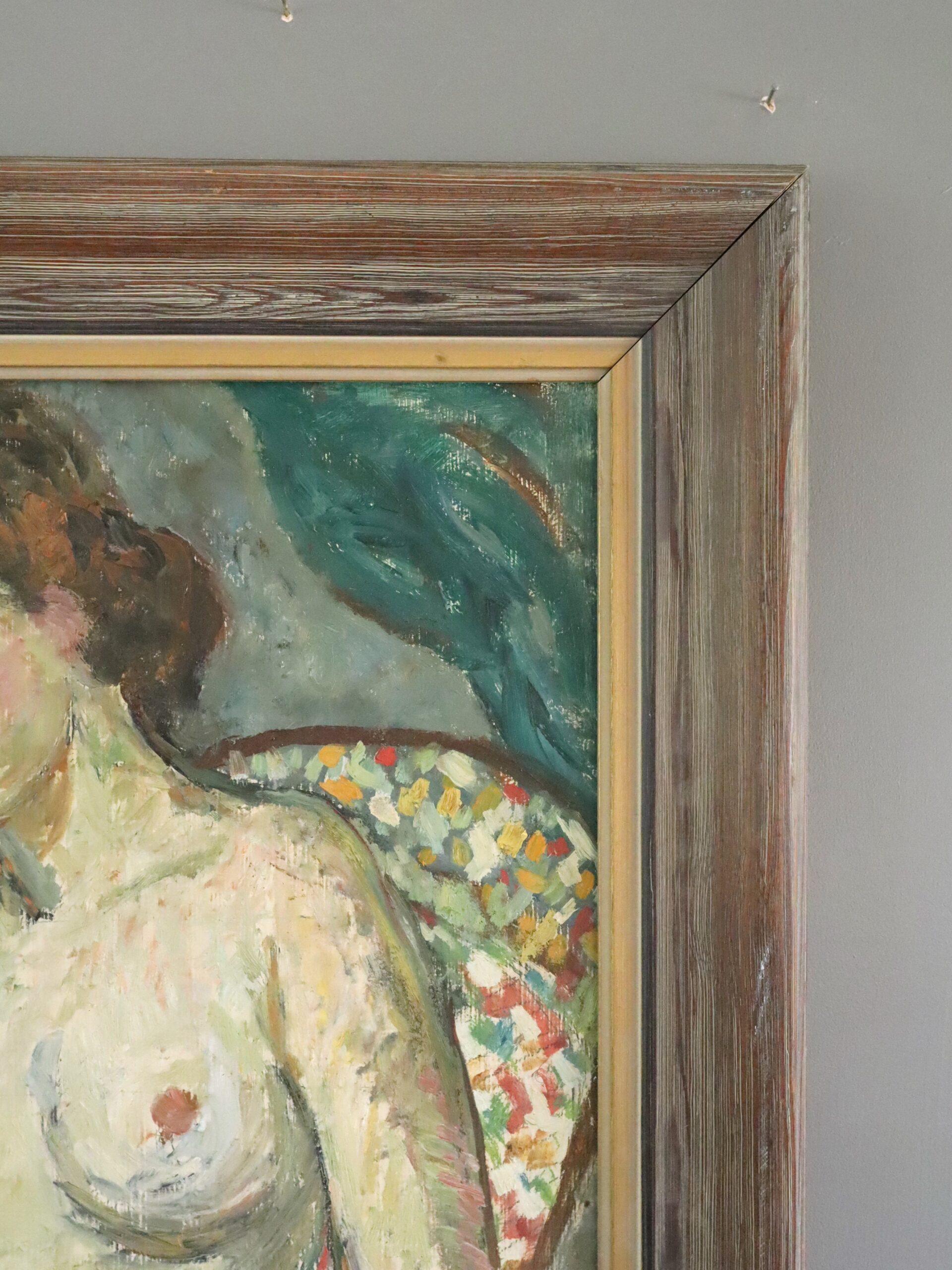 Pittura ad olio figurativa svedese della metà del secolo scorso - Nudo su poltrona a motivi in vendita 2