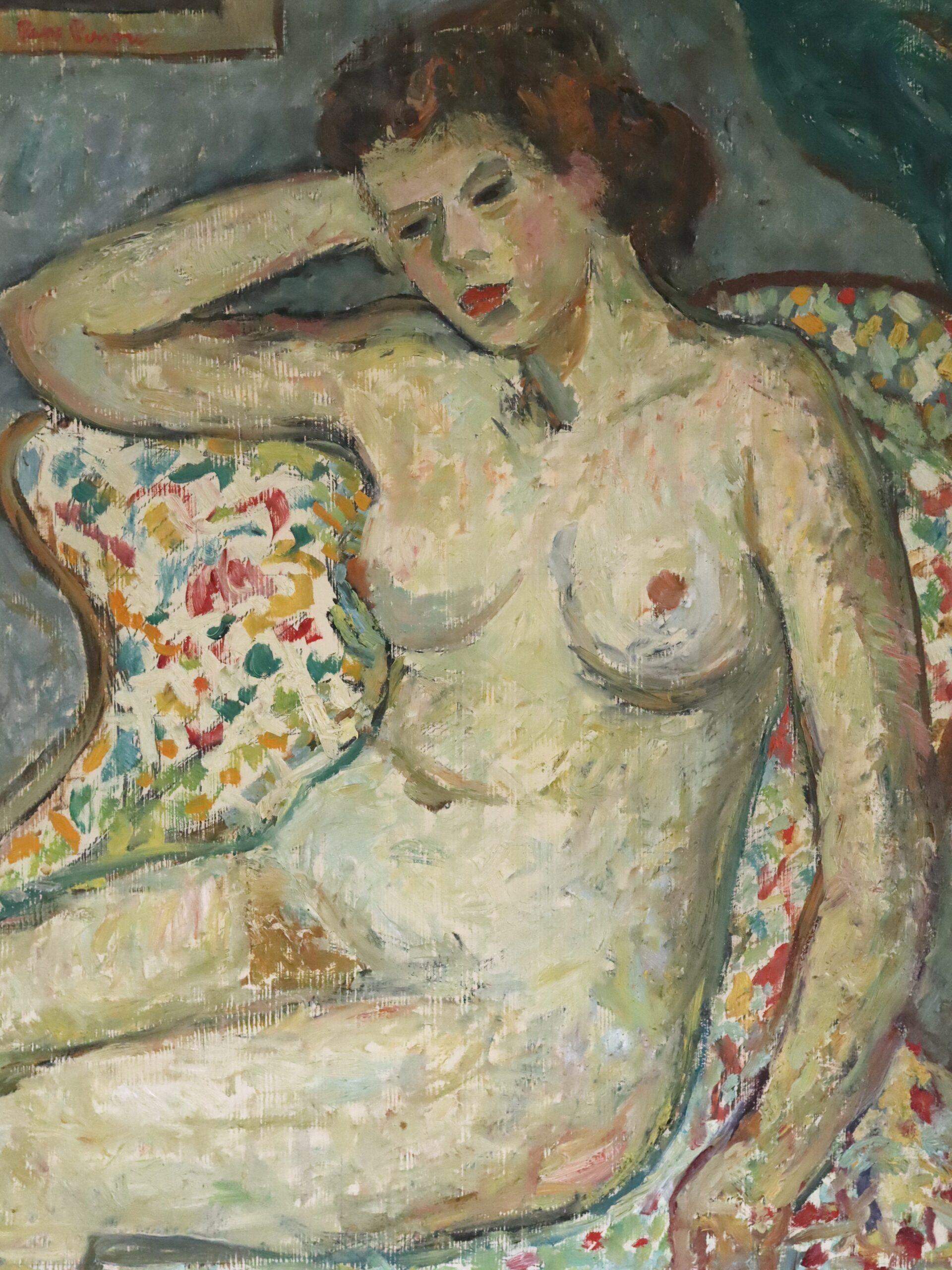 Pittura ad olio figurativa svedese della metà del secolo scorso - Nudo su poltrona a motivi in vendita 3