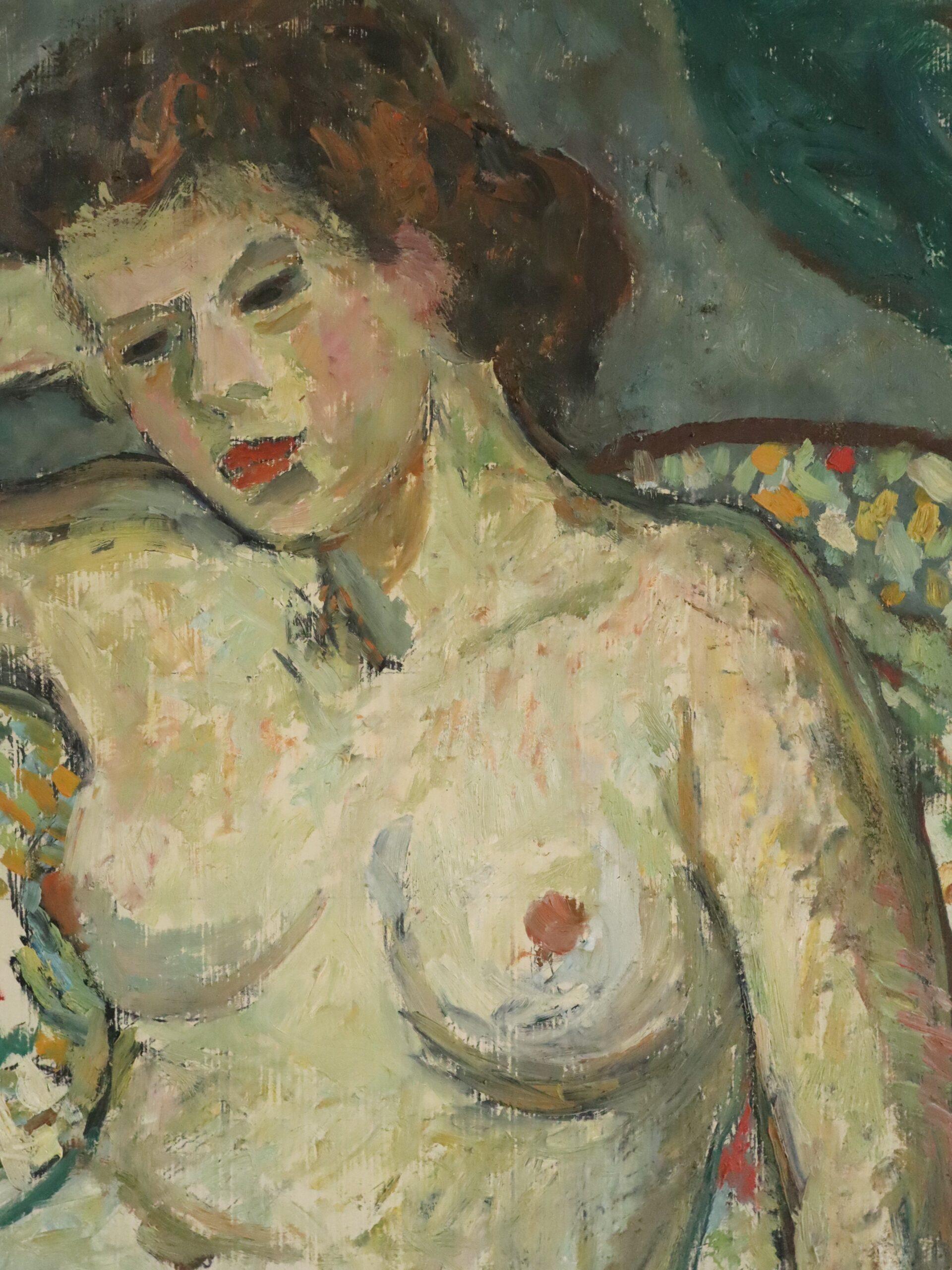 Pittura ad olio figurativa svedese della metà del secolo scorso - Nudo su poltrona a motivi in vendita 4