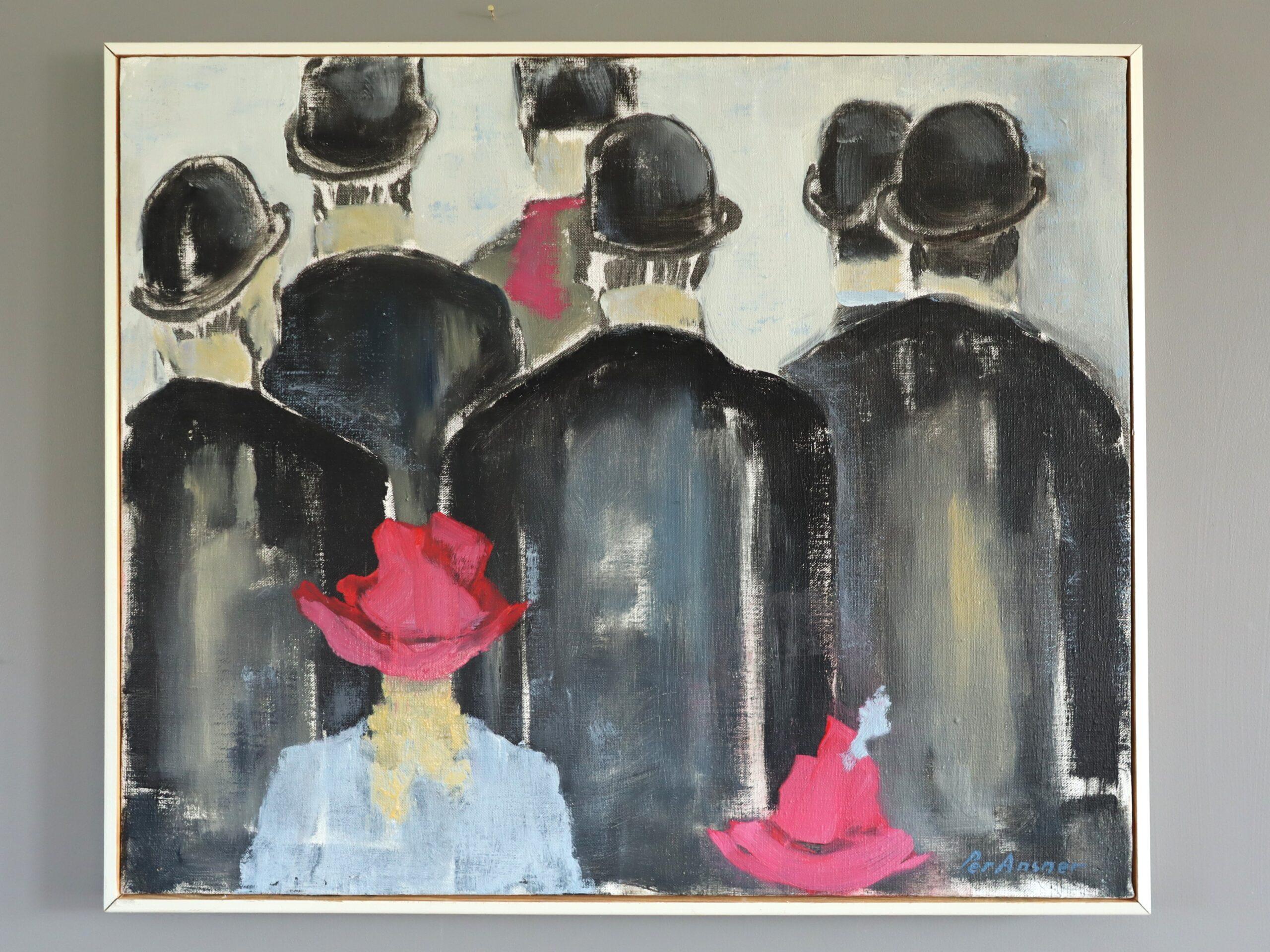 Mid Century Modern Swedish Figurative Oil Painting - Walking Amongst the Crowd - Gray Figurative Painting by Unknown