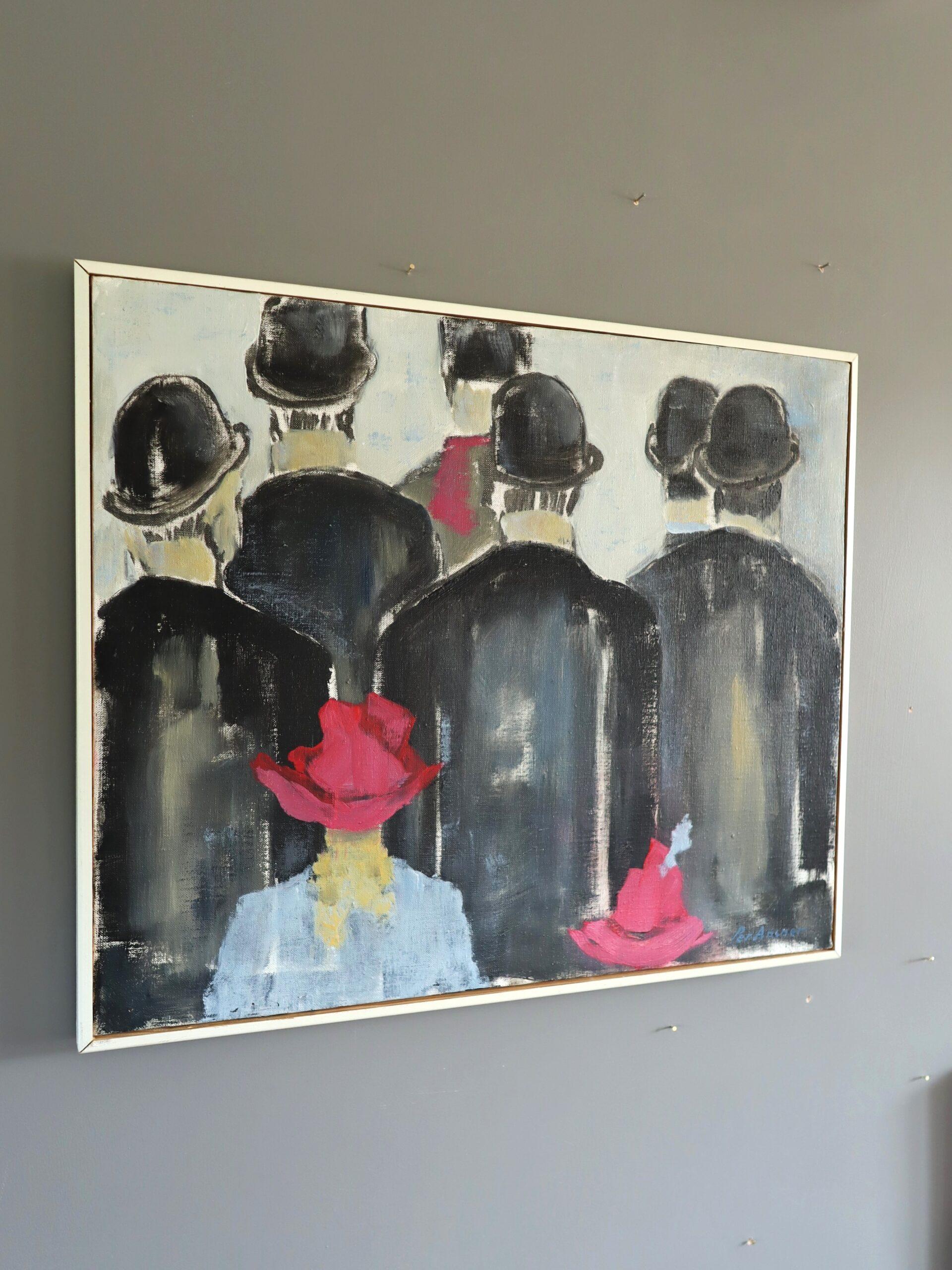 WALKING AMONGST THE CROWD
Size: 48 x 57.5 cm (including frame)
Oil on canvas

A intriguing mid-century figurative composition, executed in oil onto canvas.

The painting captures a crowd scene composed almost entirely of male figures in dark suits