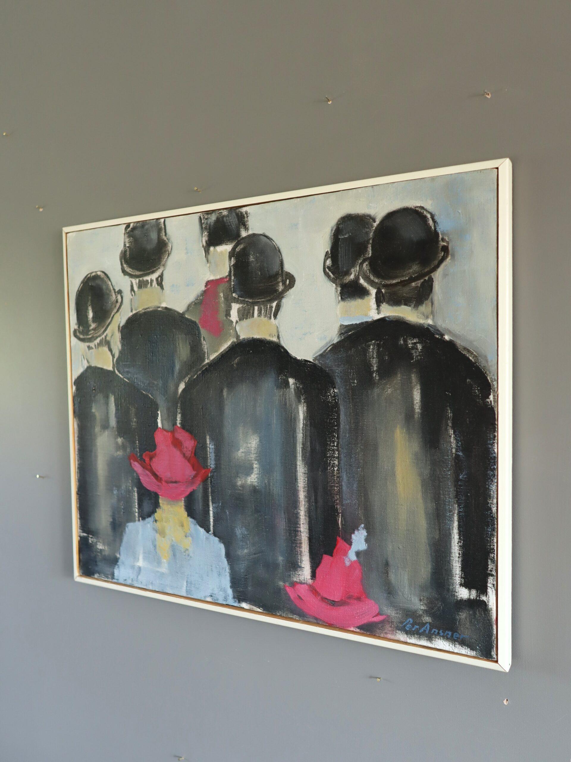 Mid Century Modern Swedish Figurative Oil Painting - Walking Amongst the Crowd 1