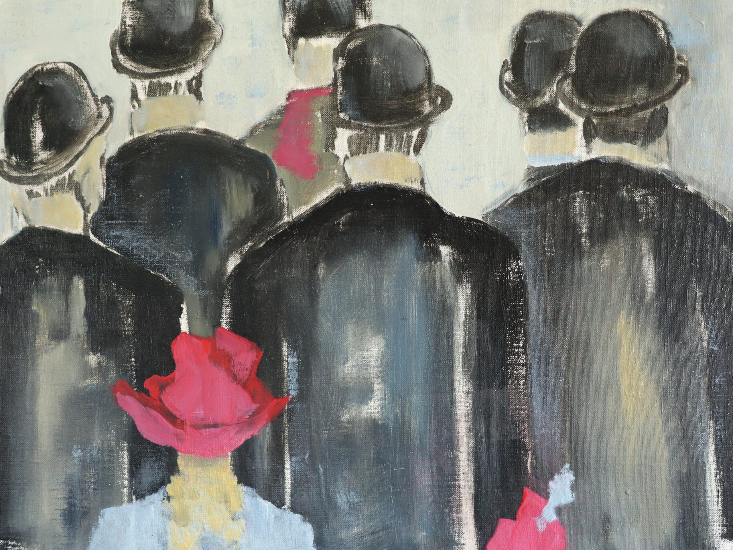 Mid Century Modern Swedish Figurative Oil Painting - Walking Amongst the Crowd 4