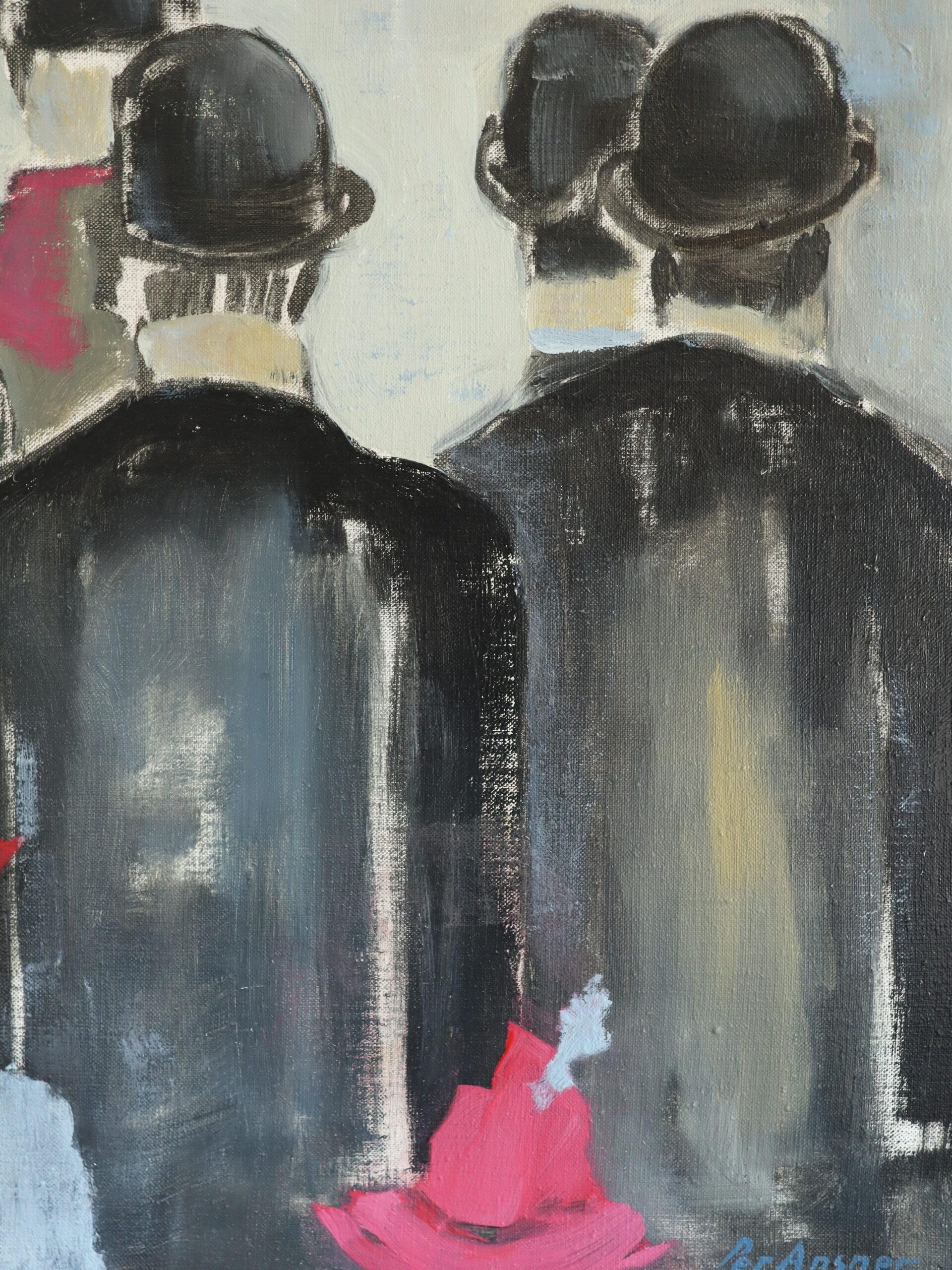 Mid Century Modern Swedish Figurative Oil Painting - Walking Amongst the Crowd 6