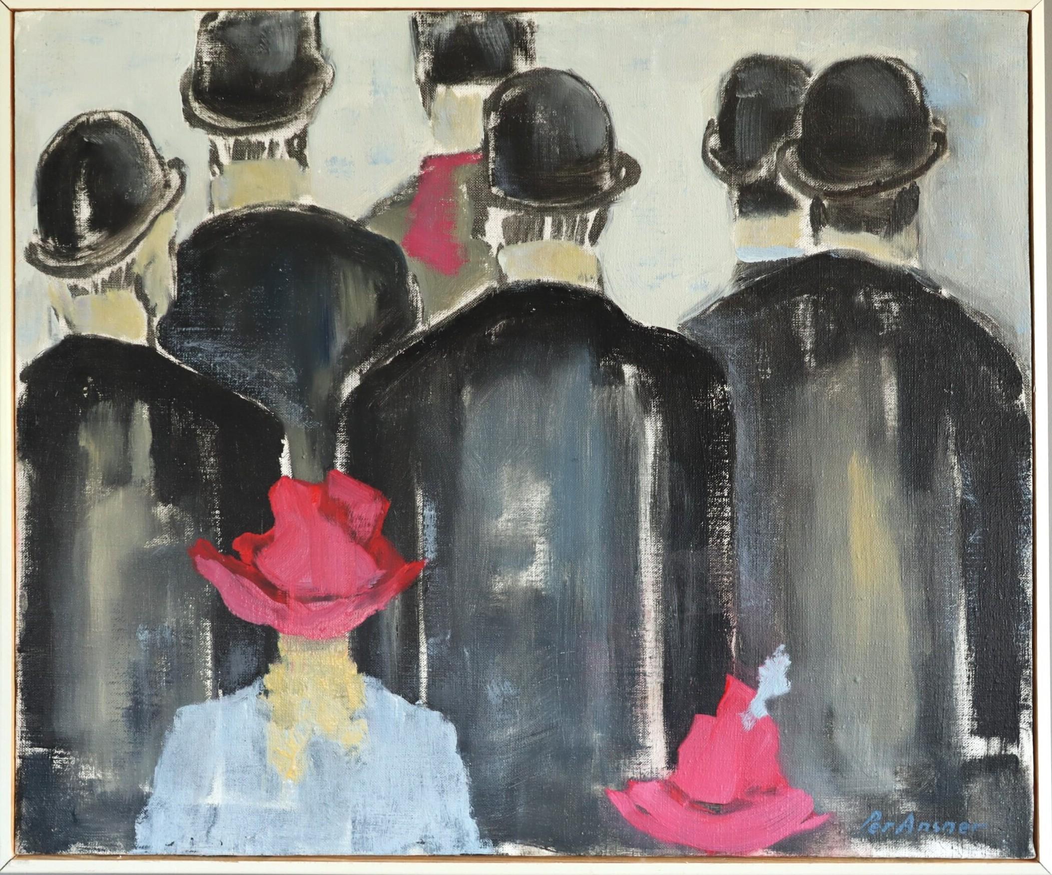 Unknown Figurative Painting - Mid Century Modern Swedish Figurative Oil Painting - Walking Amongst the Crowd