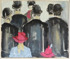 Vintage Mid Century Modern Swedish Figurative Oil Painting - Walking Amongst the Crowd