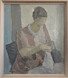 Mid Century Modern Swedish Figurative Portrait Oil Painting - Quiet Pastime