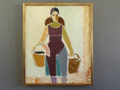 Mid Century Modern Swedish Figurative Portrait Oil Painting -The Basket Bearer