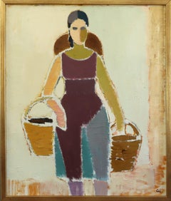 Mid Century Modern Swedish Figurative Portrait Oil Painting -The Basket Bearer