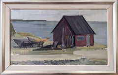 Mid-Century Modern Swedish Framed Coastal Oil Painting - Hut by the Sea