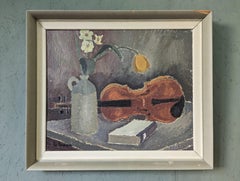 Mid-Century Modern Swedish Framed Oil Painting - Still Life with Violin