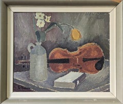 Mid-Century Modern Swedish Framed Oil Painting - Still Life with Violin