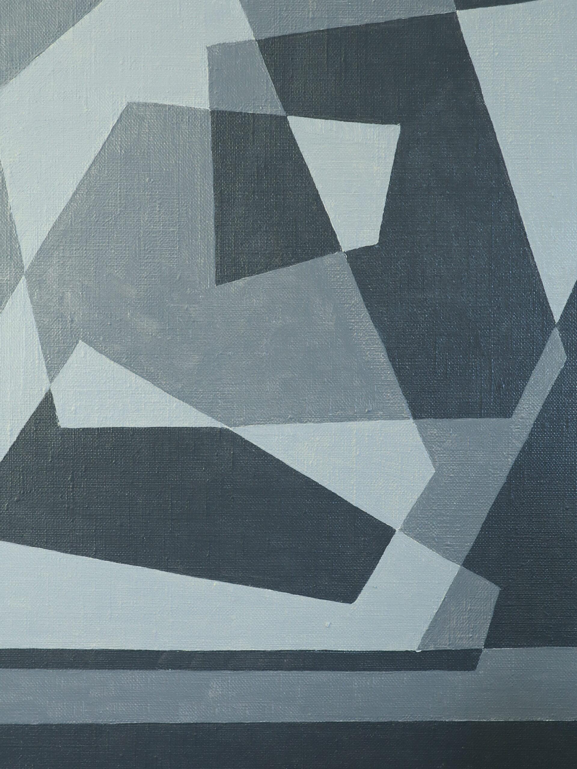 Mid Century Modern Swedish Geometric Abstract Oil Painting - Geometry in Grey im Angebot 7