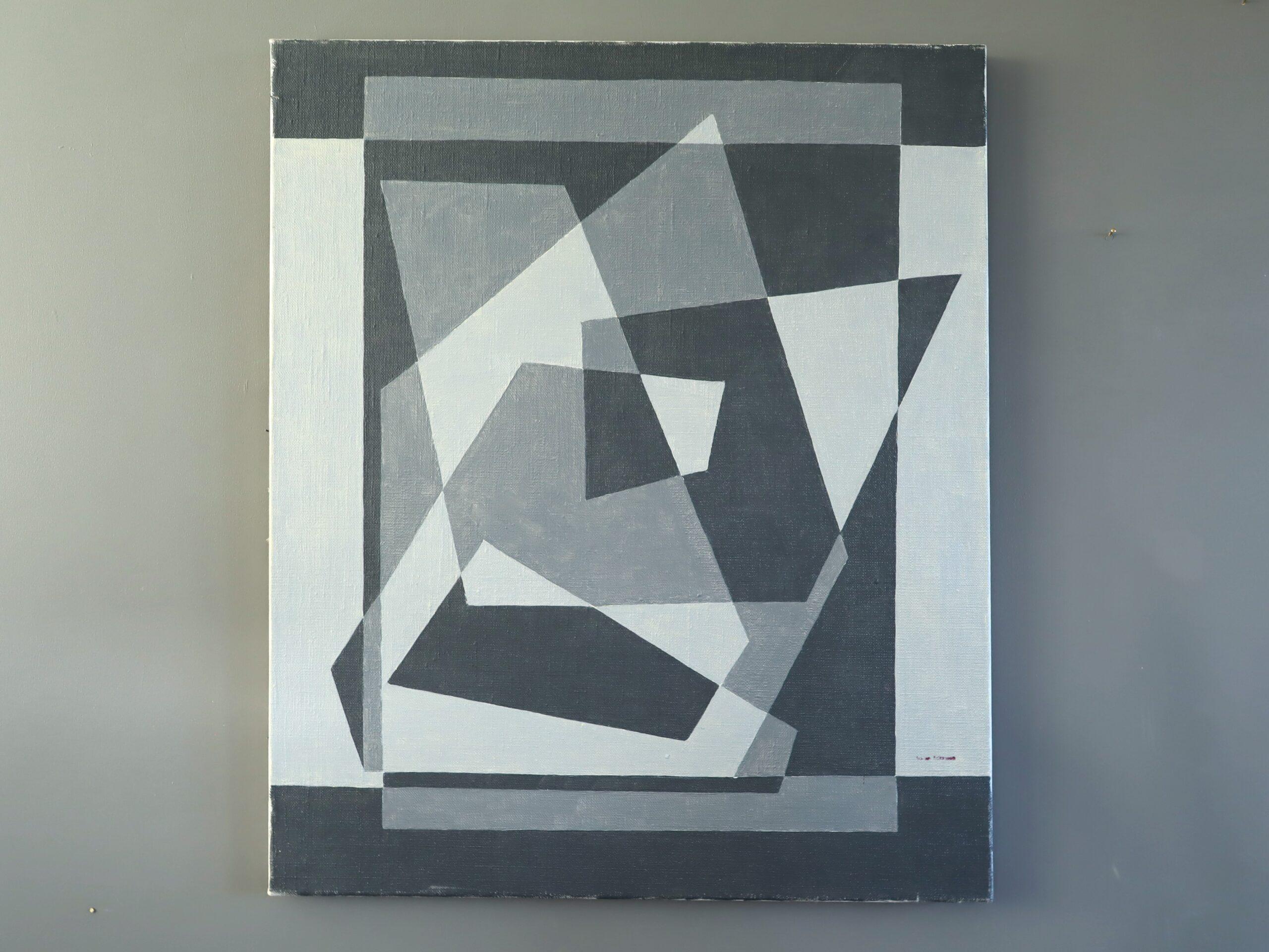 Mid Century Modern Swedish Geometric Abstract Oil Painting - Geometry in Grey (Grau), Abstract Painting, von Unknown