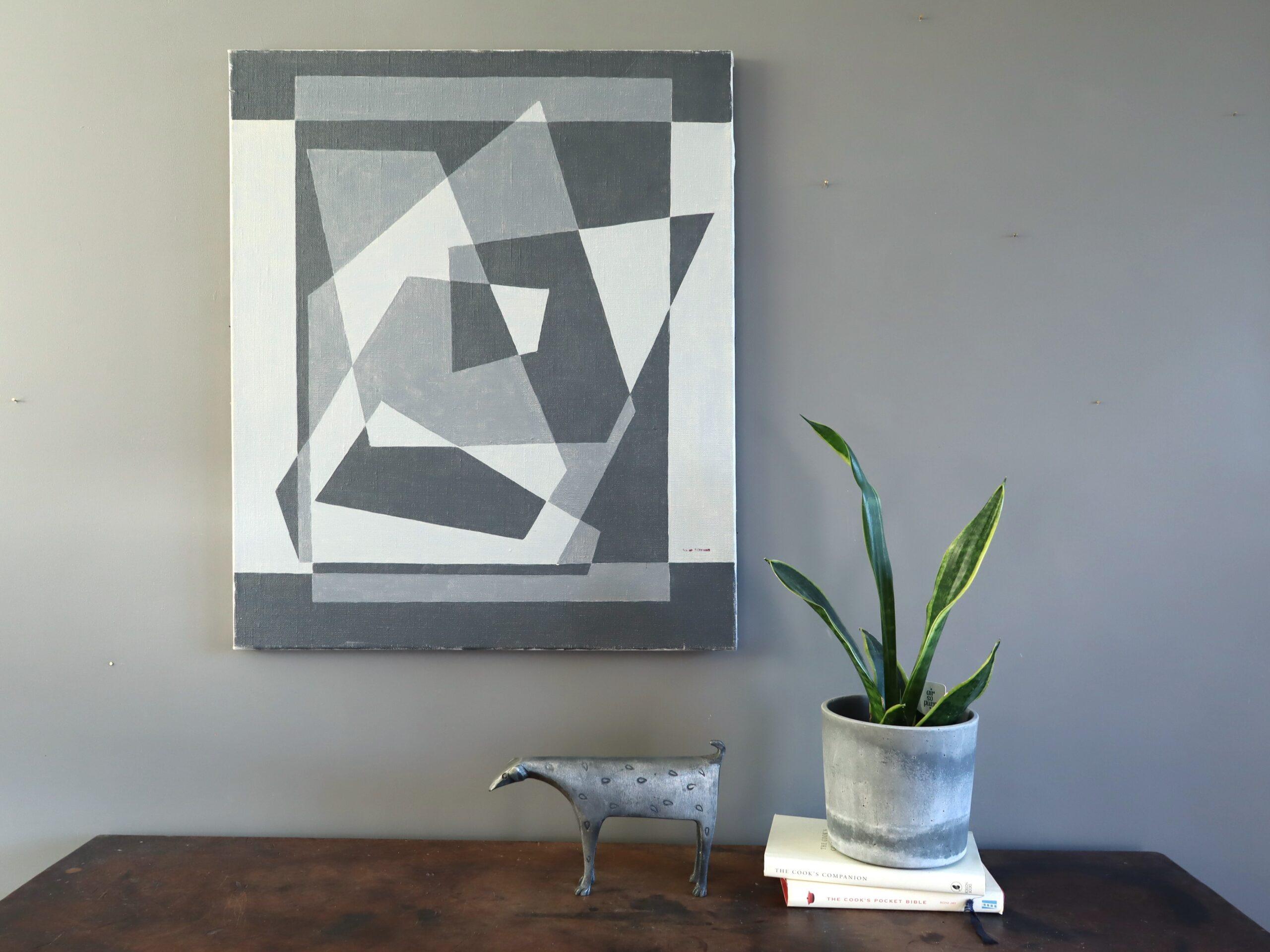 GEOMETRY IN GREY
Size: 63.5 x 53 cm (comes unframed)
Oil on canvas

A mesmerising mid-century geometric abstract painting composed of layered angular forms that appear to float and overlap within a carefully balanced composition, executed in oil