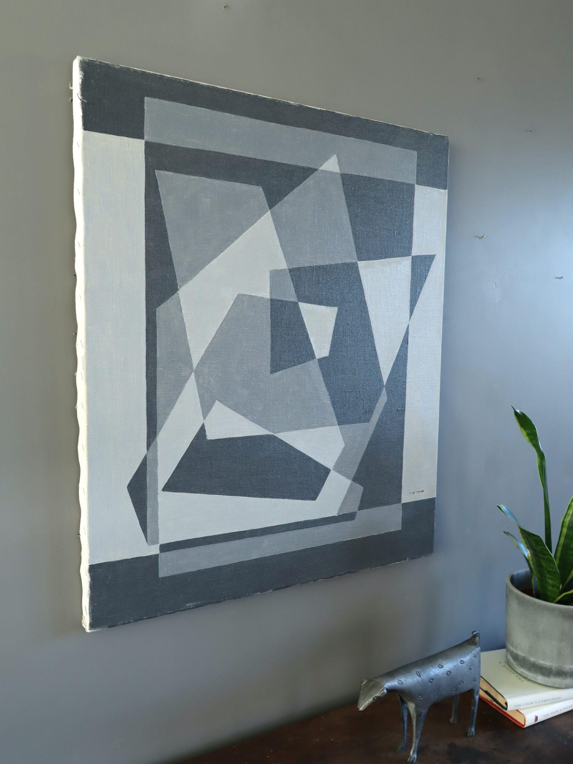 Mid Century Modern Swedish Geometric Abstract Oil Painting - Geometry in Grey im Angebot 1