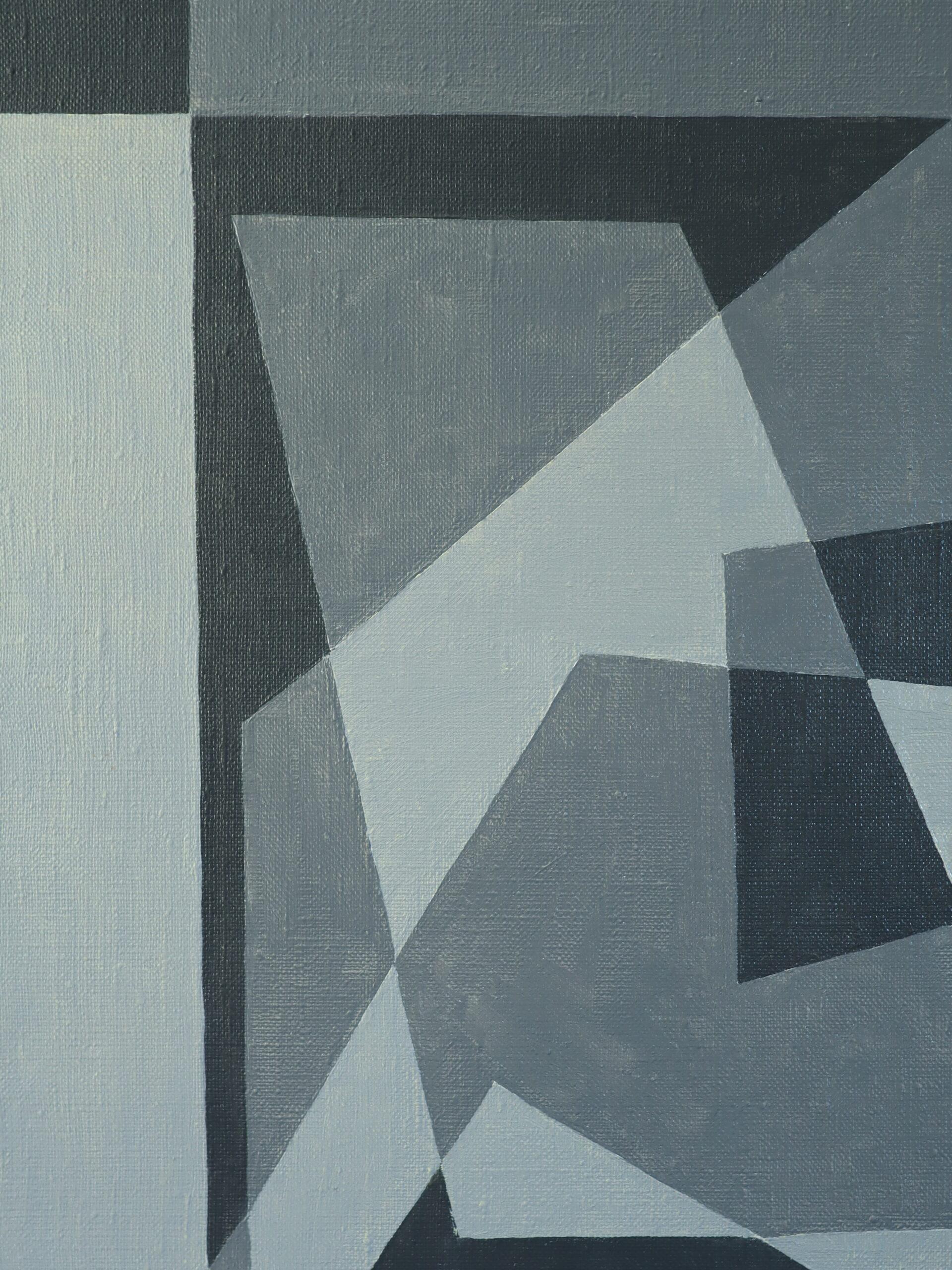 Mid Century Modern Swedish Geometric Abstract Oil Painting - Geometry in Grey im Angebot 5