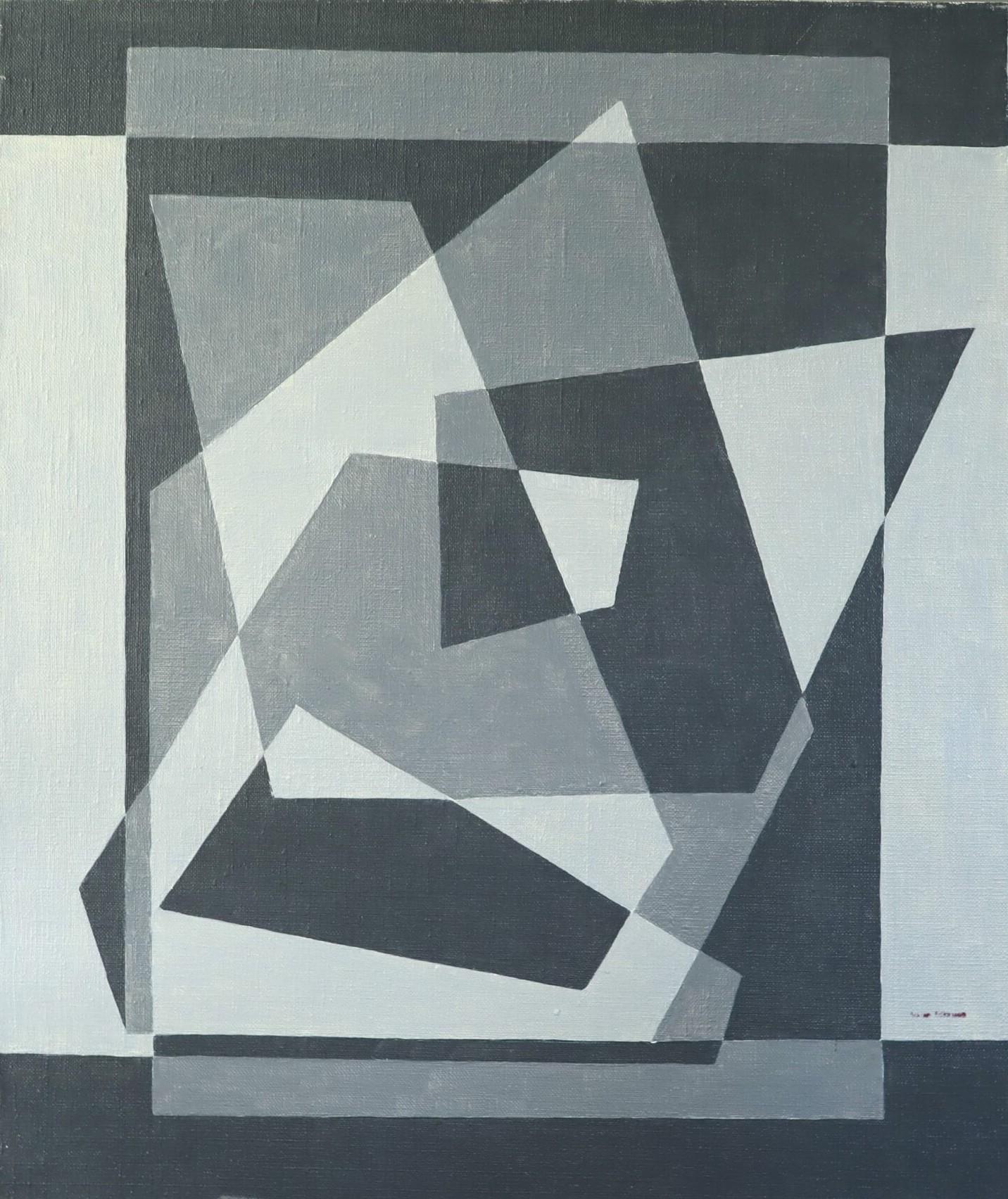 Mid Century Modern Swedish Geometric Abstract Oil Painting - Geometry in Grey