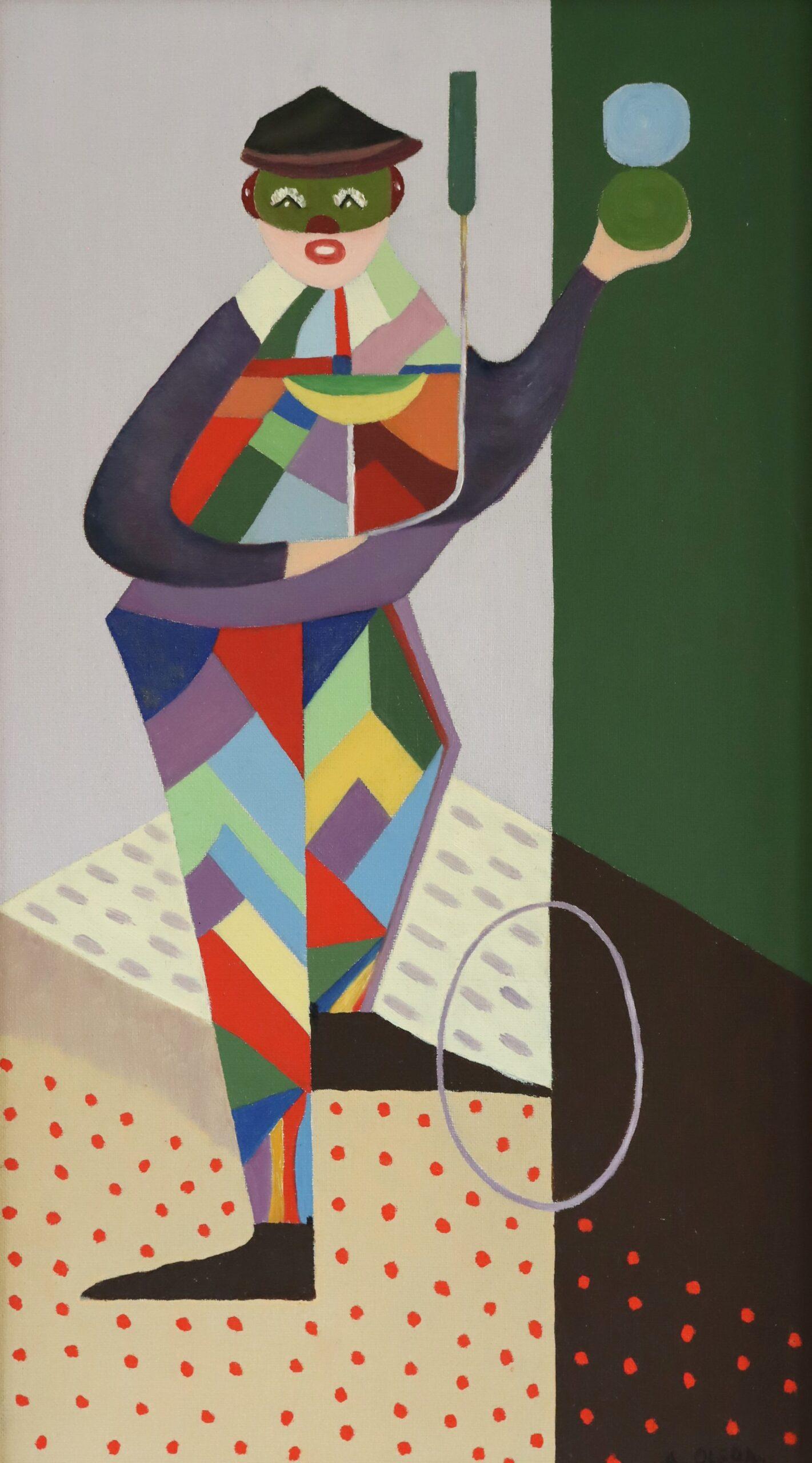 Mid Century Modernes Schwedisches Geometrisches Figuratives Ölgemälde - Der Gaukler im Angebot 8
