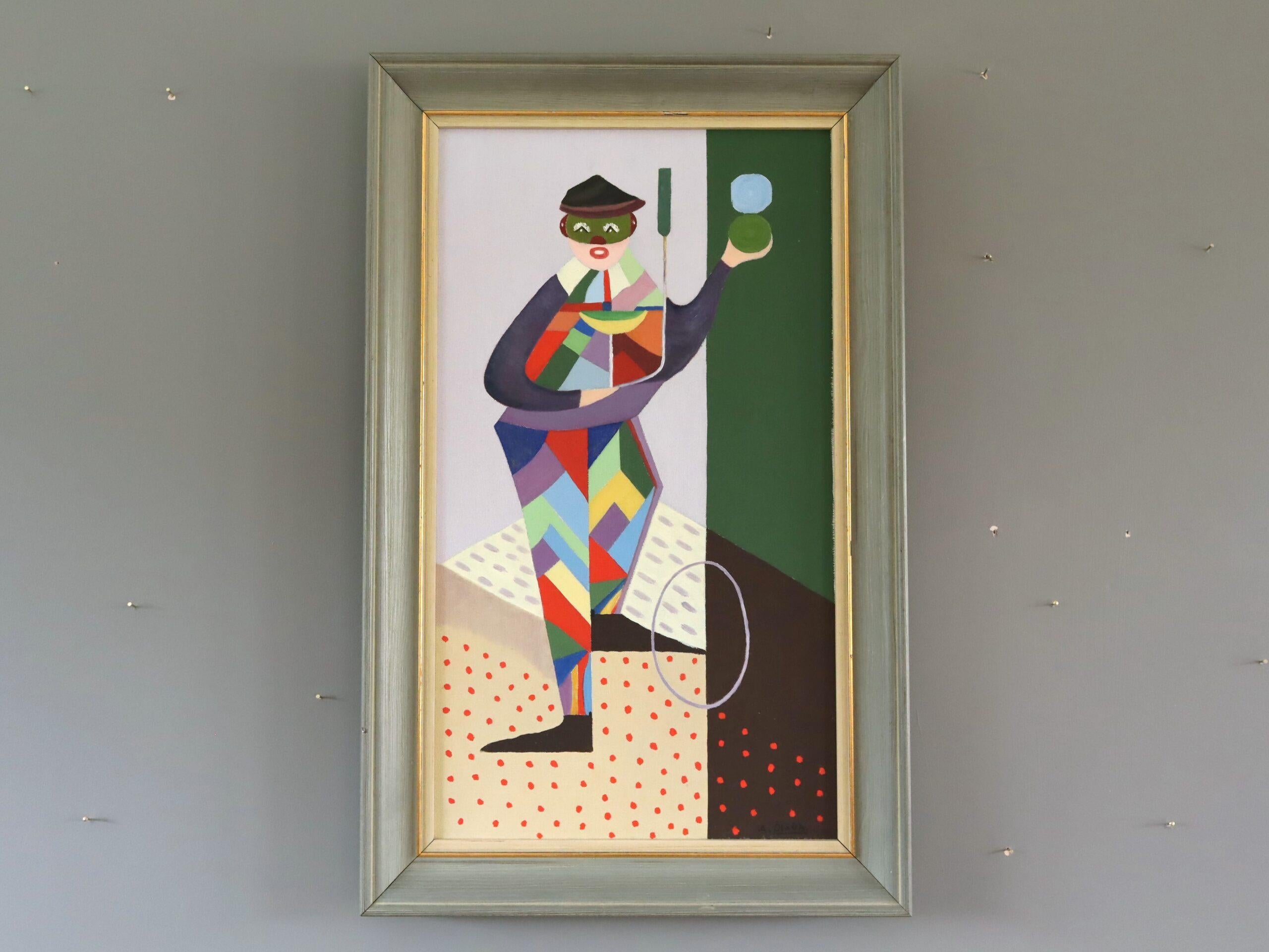 Mid Century Modernes Schwedisches Geometrisches Figuratives Ölgemälde - Der Gaukler – Painting von Unknown